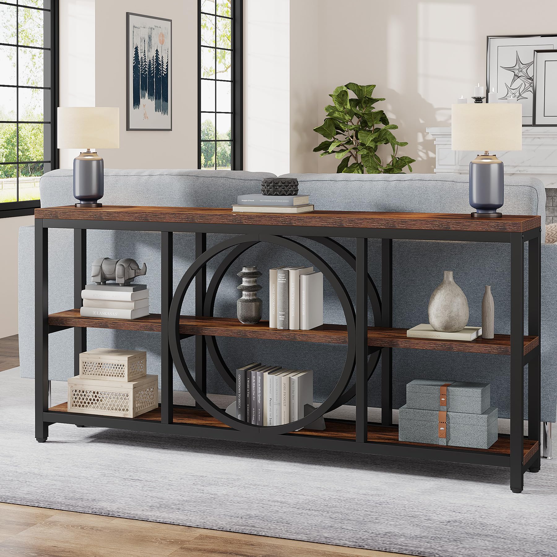 Tribesigns Extra Long Console Table, 70.9 Inch Narrow Sofa Tables With 3 Tier Wood Storage Shelves Industrial Metal Frame For Entryway Hallway Living Room Behind Couch, Rustic Brown Black