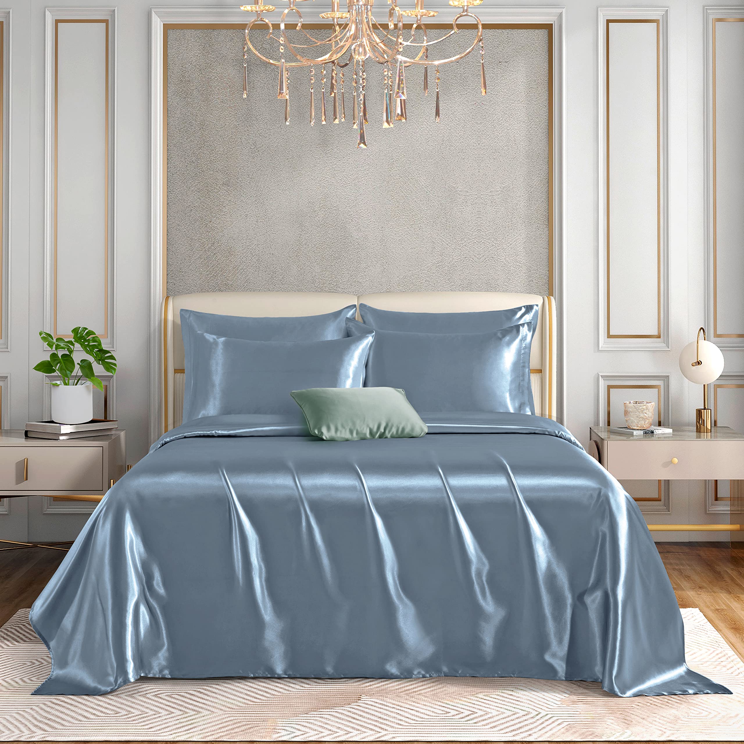 Horbaunal 6 Piece Satin Sheet Set Queen Size Luxury Silky & Soft Dusty Blue Satin Queen Bed Sheet Set With 16'' Deep Pocket, 1 F