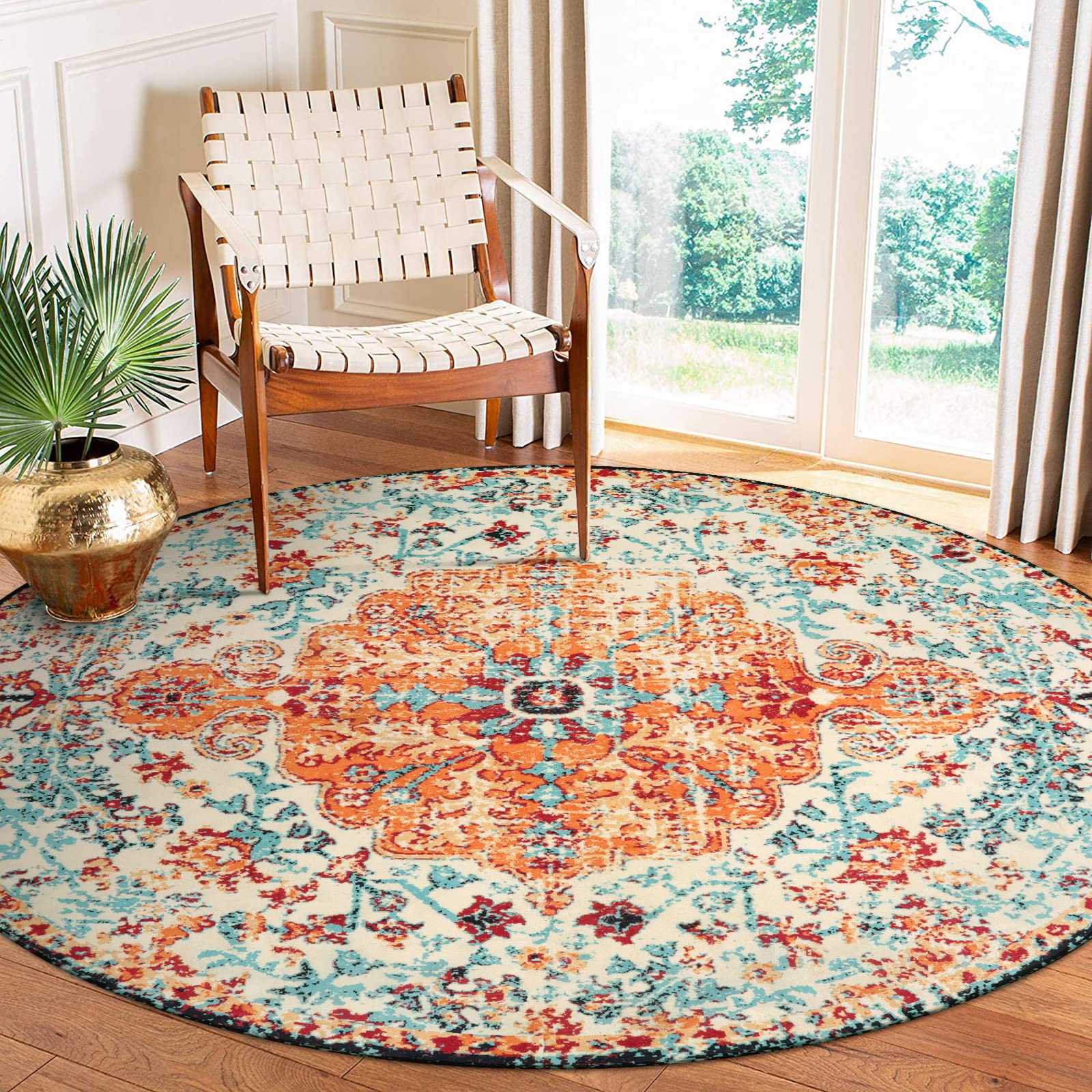 Lahome Bohemian Floral Medallion Round Rug - 6Ft Soft Rug for Living Room Washable Rug for Dining Room, Vintage Non Slip Cute Ta