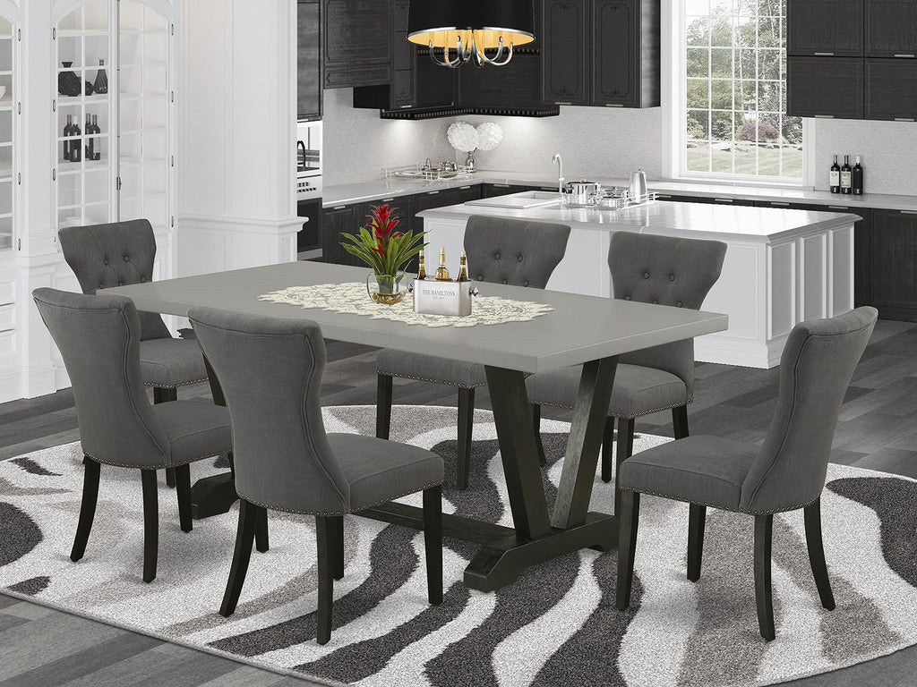 East West Furniture V-Style 7 Piece Dinette Set Consist Of A Rectangle Room Table With V-Legs And 6 Dark Gotham Linen Fabric Parsons Dining Chairs, 40X72 Inch, V697Ga650-7