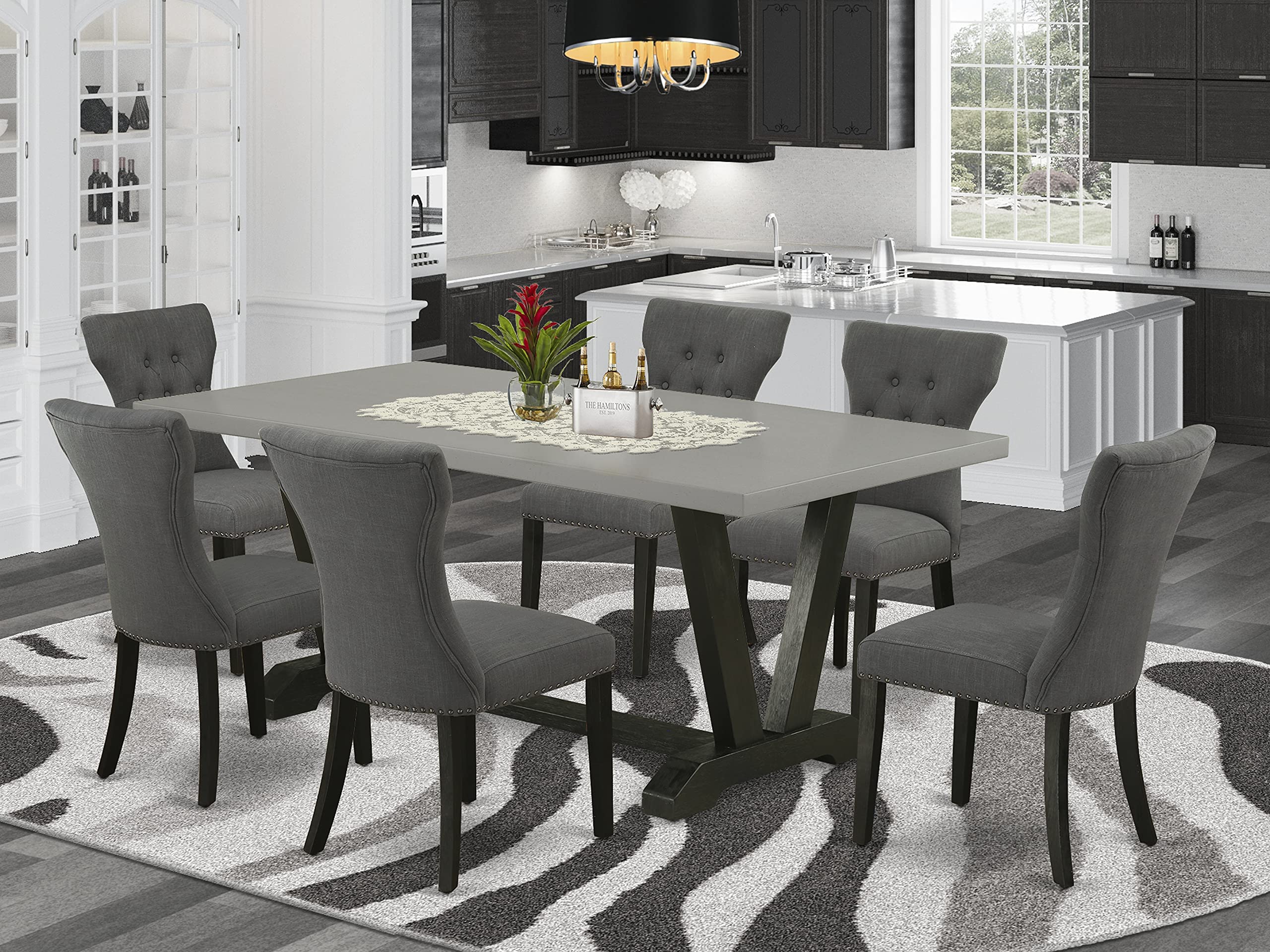 East West Furniture V-Style 7 Piece Dinette Set Consist Of A Rectangle Room Table With V-Legs And 6 Dark Gotham Linen Fabric Parsons Dining Chairs, 40X72 Inch, V697Ga650-7