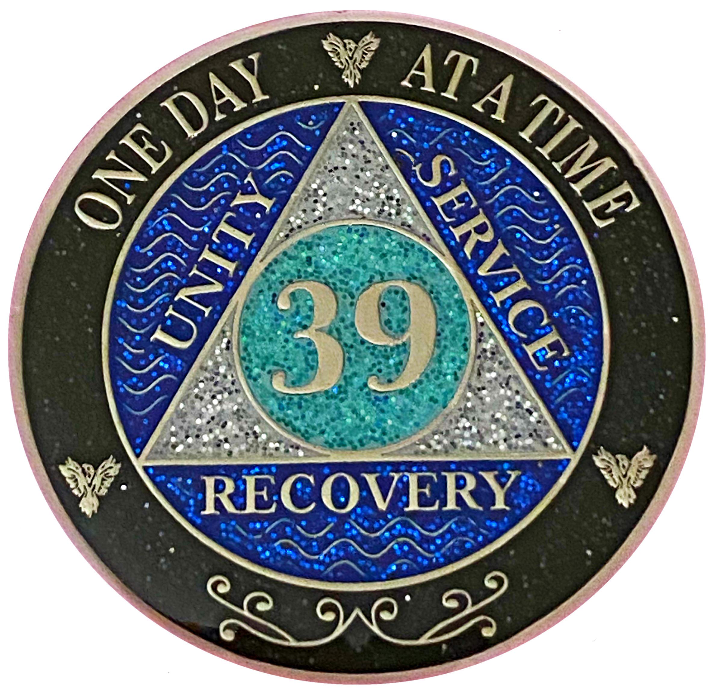 (Years 1-50) 39 Year Aa Recovery Silver Color Plated Glitter Medallion, Black Rainbow, Blue, Silver Glitter Coin, Epoxy Covered