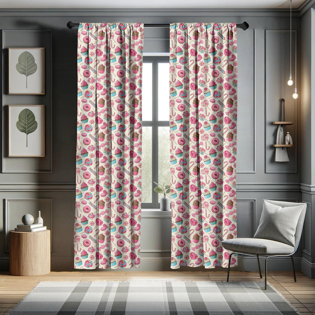 Ambesonne Candy Cane Window Curtains, Yummy Lollipop Candy Macaroon Cupcake And Donut On Polka Dots Pattern, Lightweight Decor 2