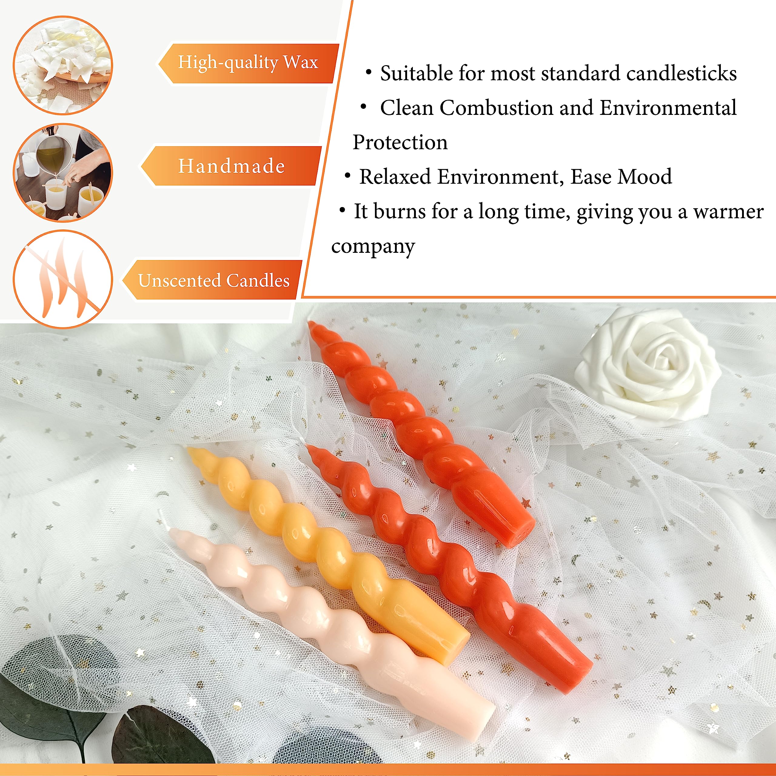 4 Pcs Gradient Color Tapered Candles Unscented Spiral Candlesticks 7.5 Inch Orange Twisted Candles For Christmas Halloween Weddi