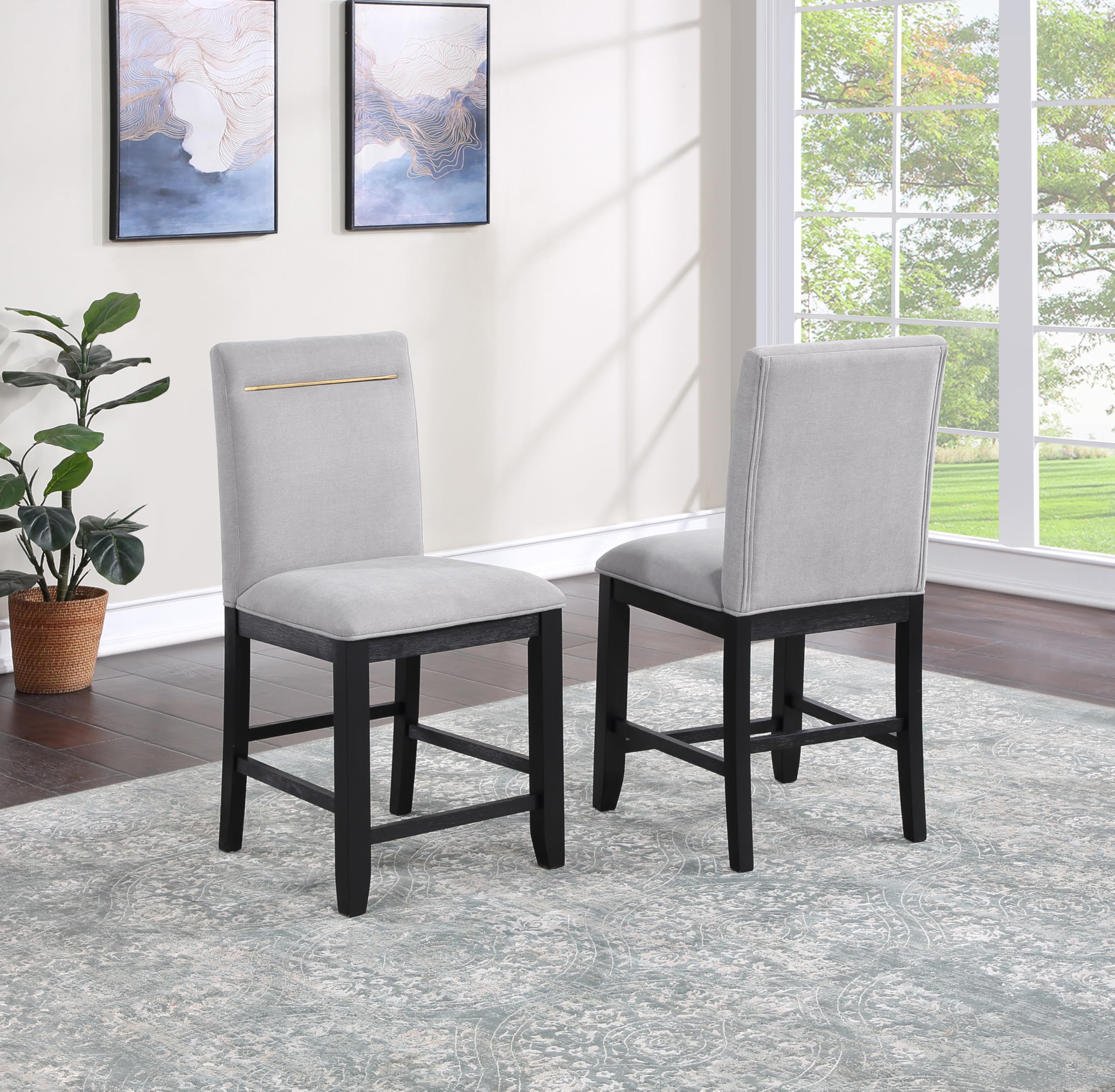 Steve Silver Furniture Yves 7PC Counter Table Set, 64-78&quot; Table w/ 6 Yves Counter Chairs, Storage Pedestal Base, 3 Shelves, Dining Room, 64&quot; L x 42&quot; W x 36&quot; H, Black, Gray