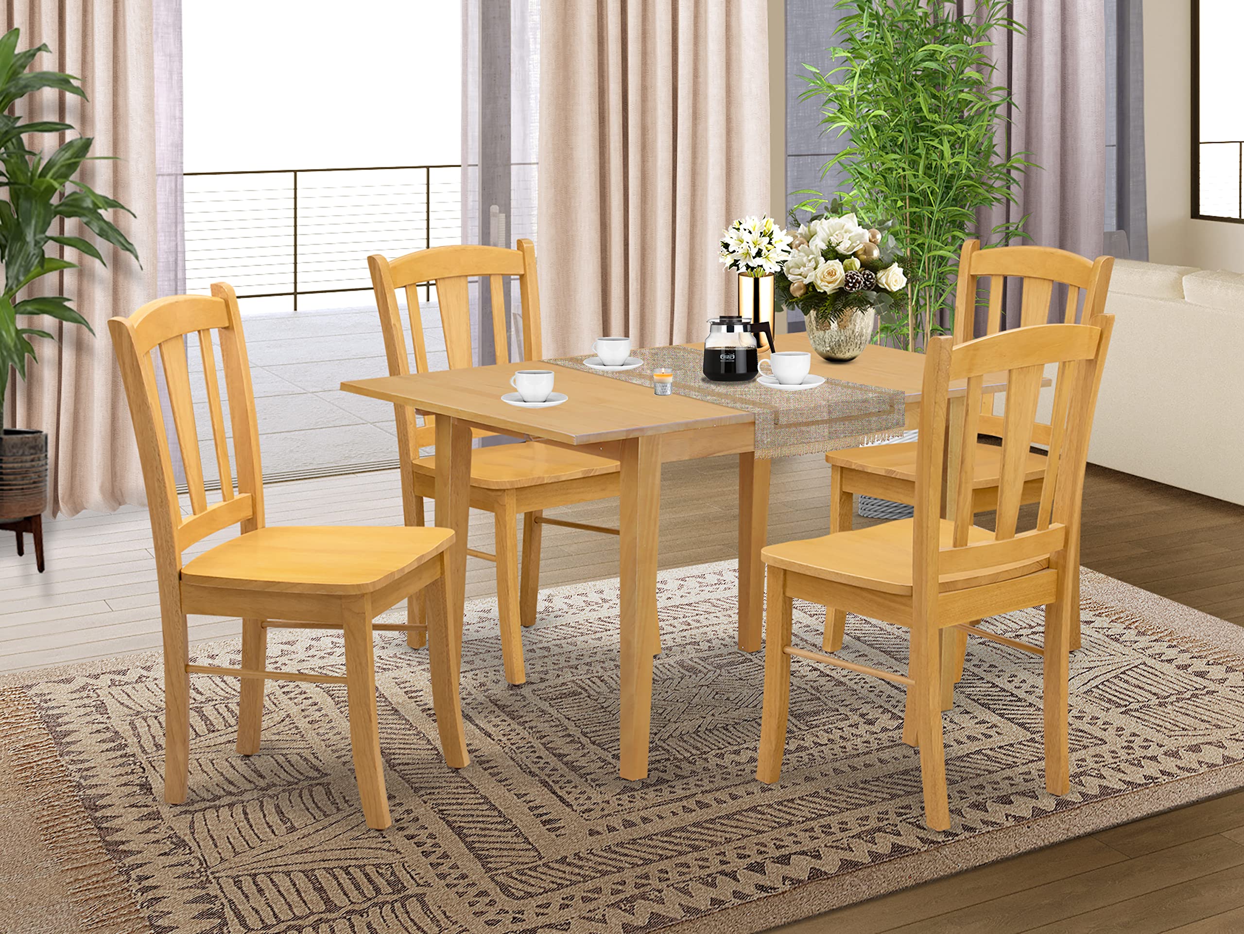 East West Furniture NFDL5-OAK-W 5 Piece Dining Table Set for 4 Includes a Rectangle Kitchen Table with Butterfly Leaf and 4 Kitchen Dining Chairs, 32x54 Inch, Oak