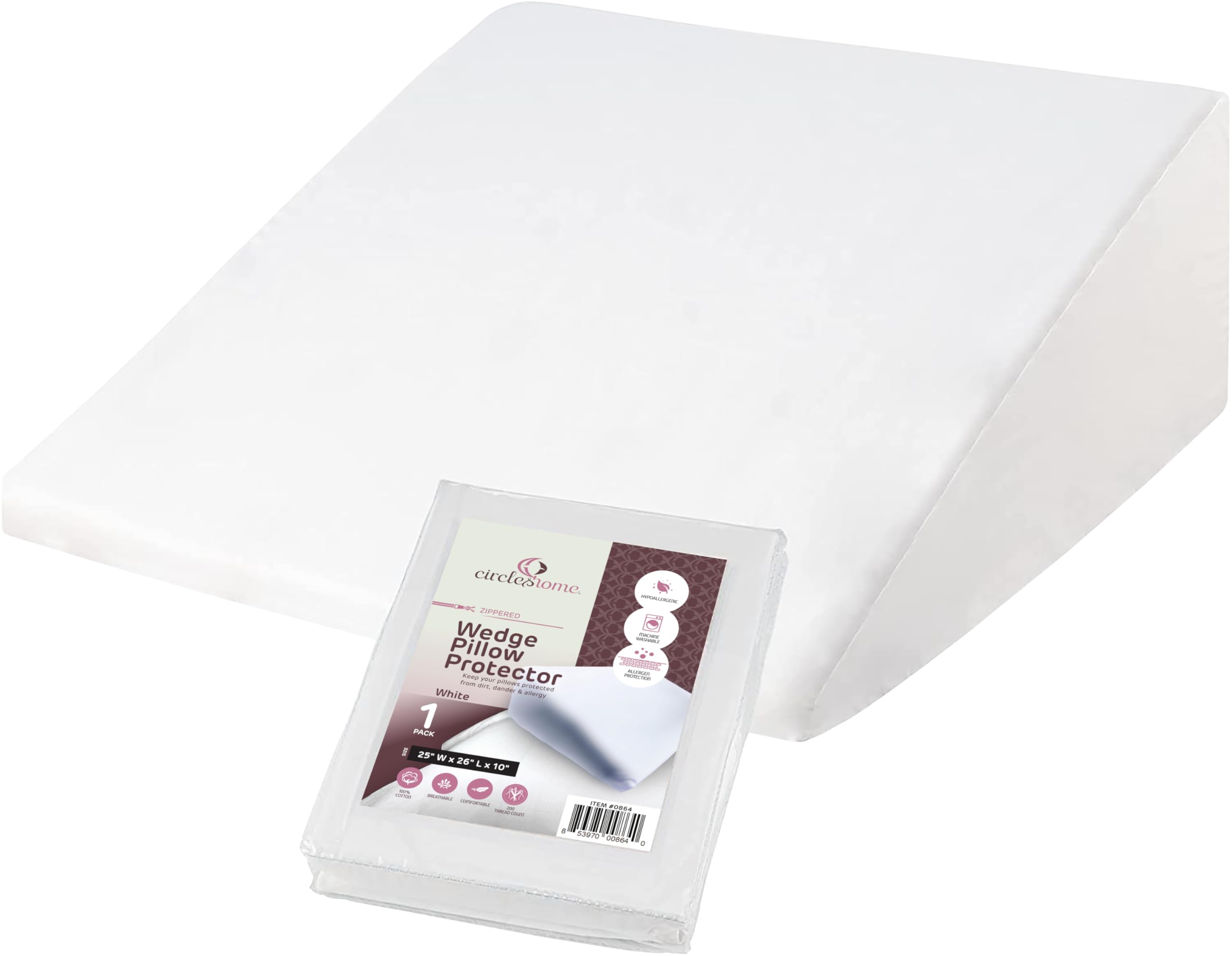 Circleshome Wedge Pillow Cover 100% Cotton, Zippered Wedge Pillow Case Protector, Soft, Hypoallergenic & Breathable - 25X25X10X2