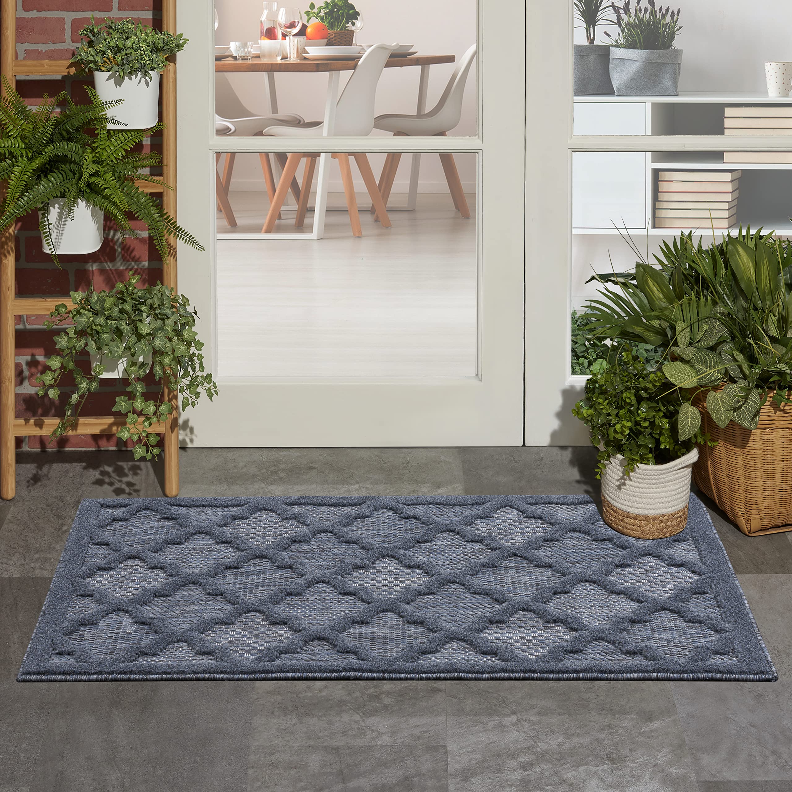 Nourison Easy Care Moroccan Navy Blue 2' X 4' Area Rug, Trellis, Easy Cleaning, Non Shedding, Bed Room, Living Room, Dining Room, Backyard, Deck, Patio (2X4)