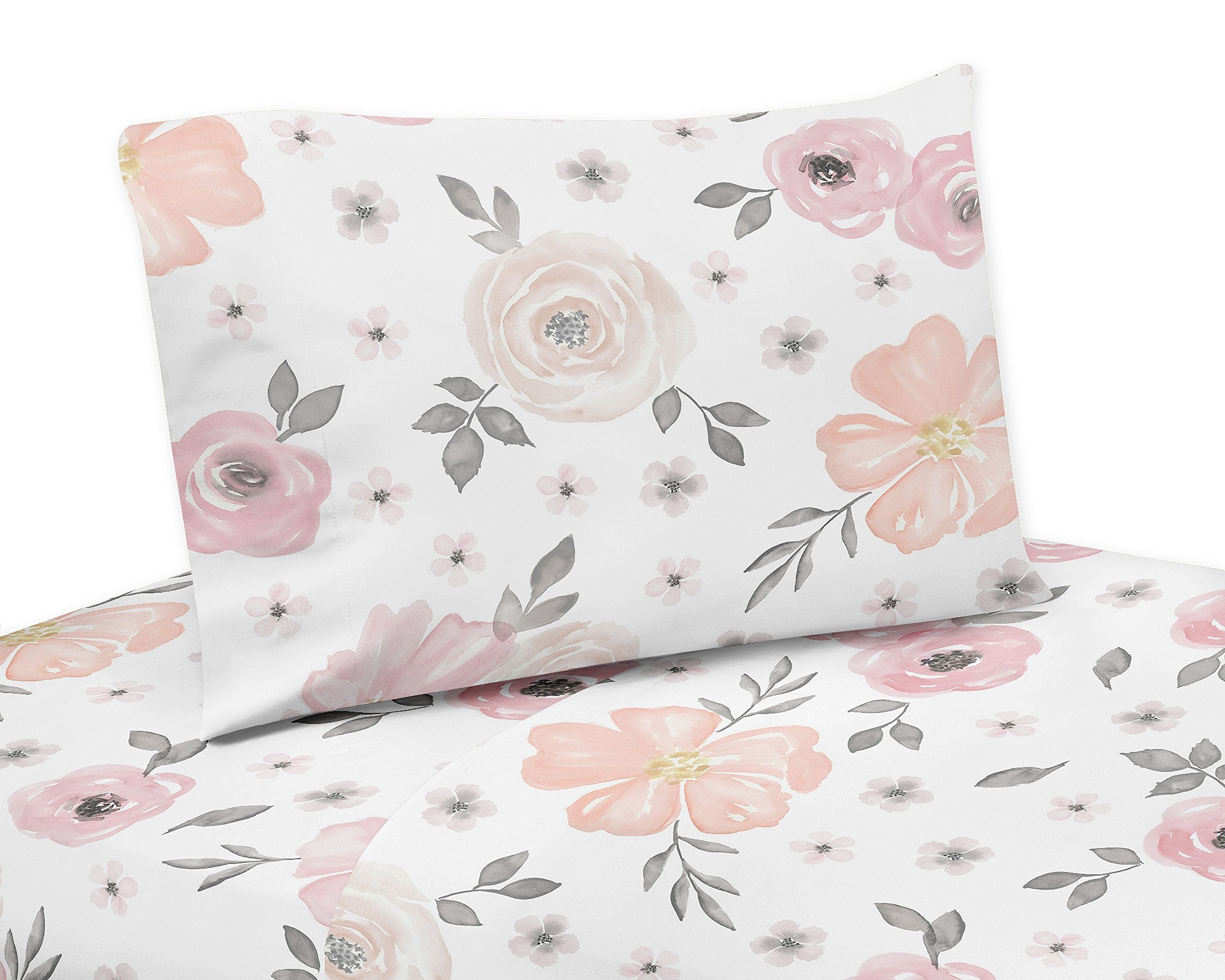 Blush Pink, Grey and White Twin Sheet Set for Watercolor Floral Collection by Sweet JoJo Designs  3 Piece Set