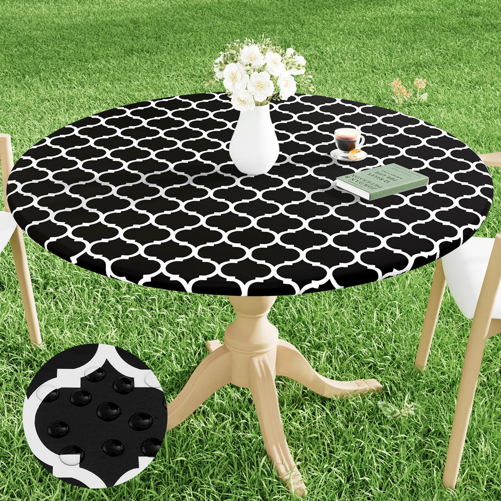 Smiry Round Picnic Tablecloth, Waterproof Elastic Fitted Table Covers For 57' - 68' Tables, Wipeable Flannel Backed Vinyl Tablecloths For Camping, Indoor, Outdoor, Black & White