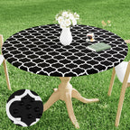 Smiry Round Picnic Tablecloth, Waterproof Elastic Fitted Table Covers For 57' - 68' Tables, Wipeable Flannel Backed Vinyl Tablecloths For Camping, Indoor, Outdoor, Black & White