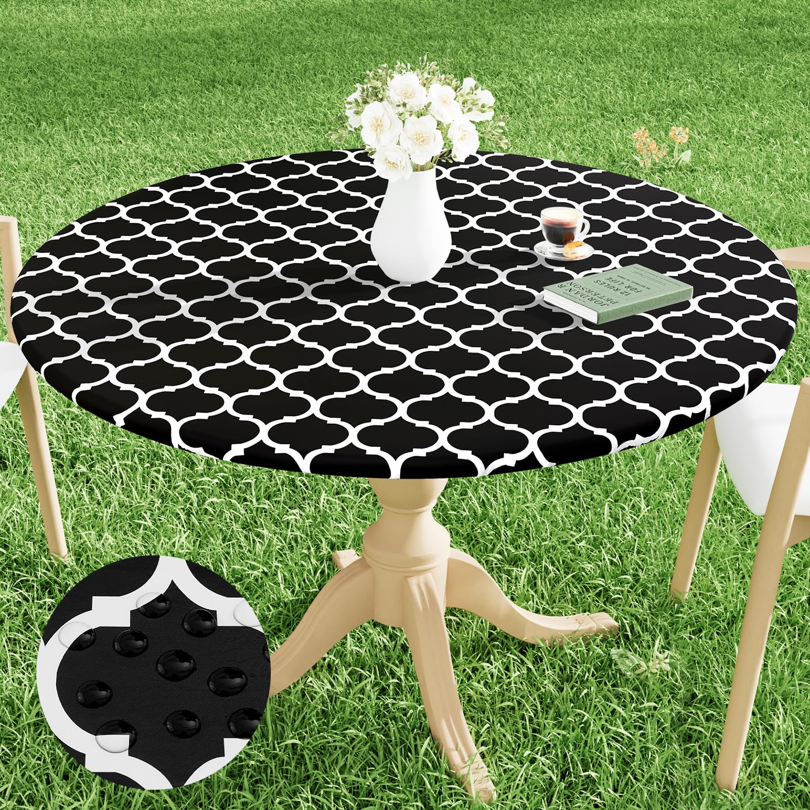Smiry Round Picnic Tablecloth, Waterproof Elastic Fitted Table Covers For 57' - 68' Tables, Wipeable Flannel Backed Vinyl Tablecloths For Camping, Indoor, Outdoor, Black & White