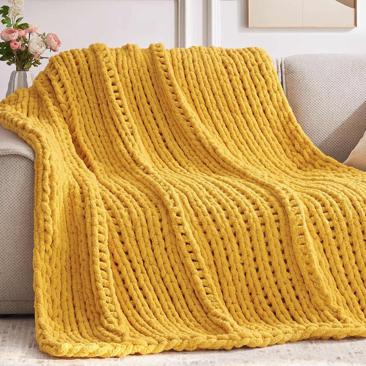 Negwoo Chunky Knit Throw Blanket, 30'*40' Knitted Throw Blankets For Bed Couch, Handmade Thick Yellow Crochet Blanket Thich Bl