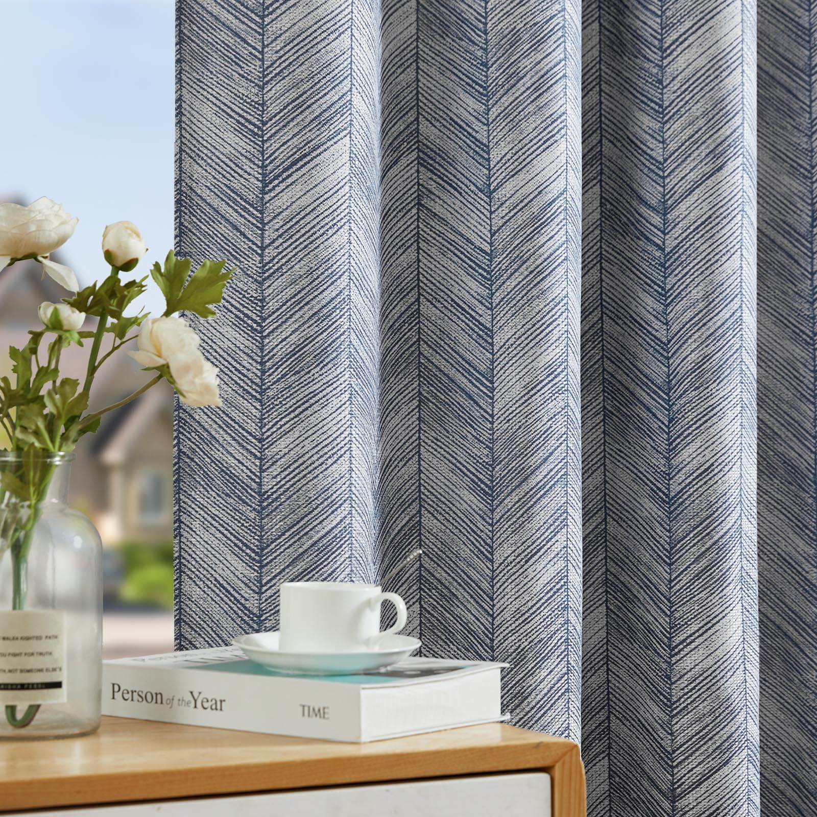 Jinchan Blue Printed Curtains 63 Inch Length For Living Room Grommet Jacquard Curtains With Herringbone Pattern Modern Room Dark