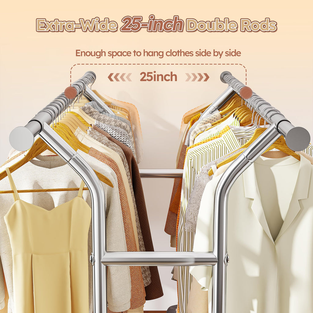 Raybee 74" Double Rod Clothes Rack with Wheels, Heavy Duty 630LBS Capacity, Chrome Finish, Model 25DM-TY-1211