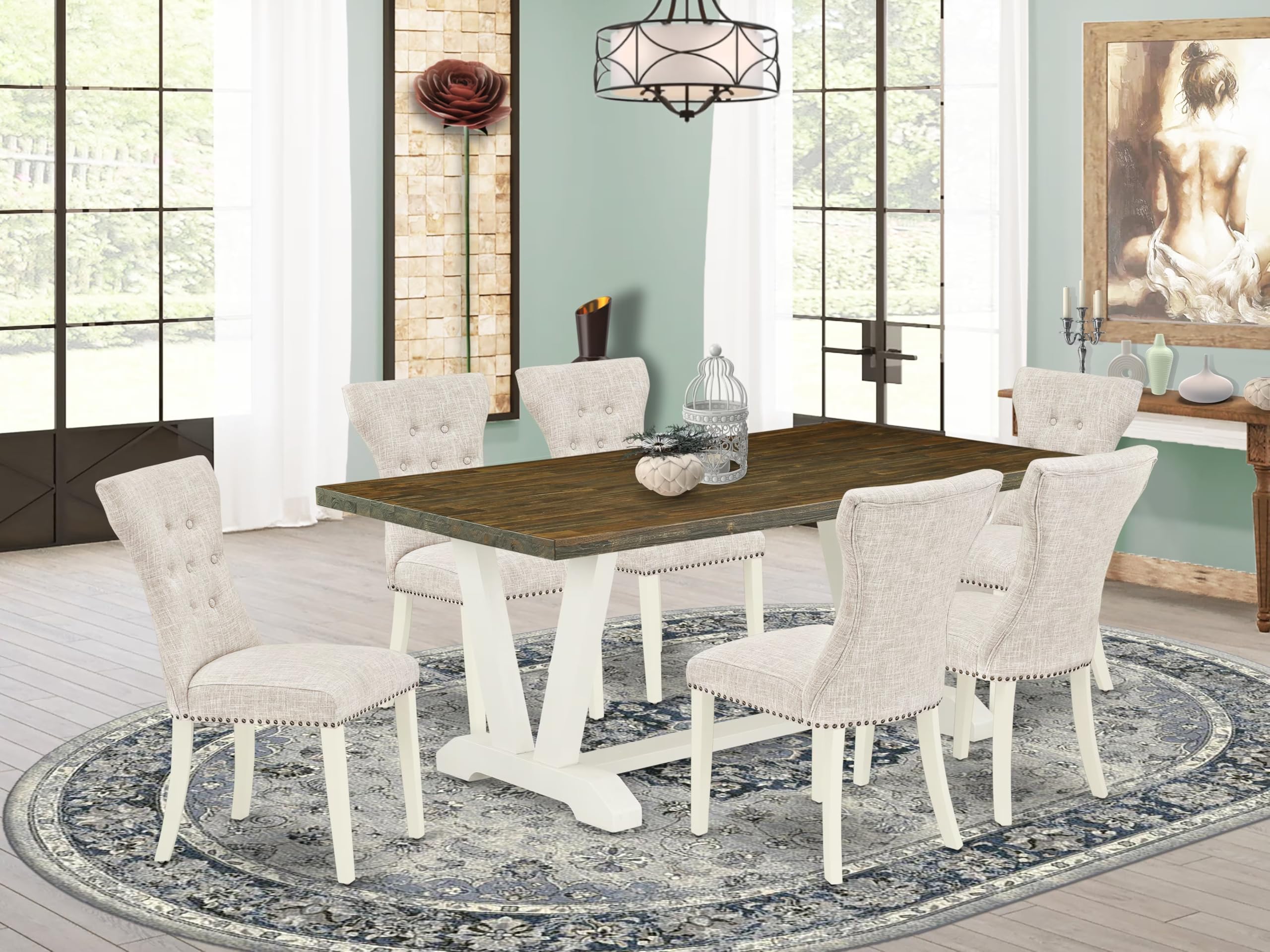 East West Furniture V077Ga235-7 7 Piece Dining Room Furniture Set Consist Of A Rectangle Dining Table With V-Legs And 6 Doeskin Linen Fabric Upholstered Chairs, 40X72 Inch, Multi-Color