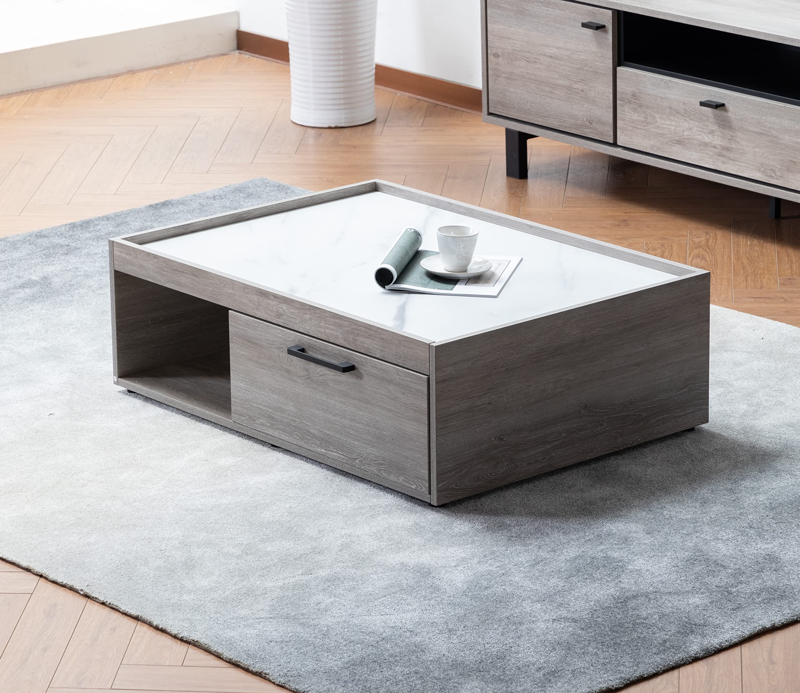 Lilola Home Apollo Gray Oak Finish Coffee Table with Faux Marble Finish Top with Drawer