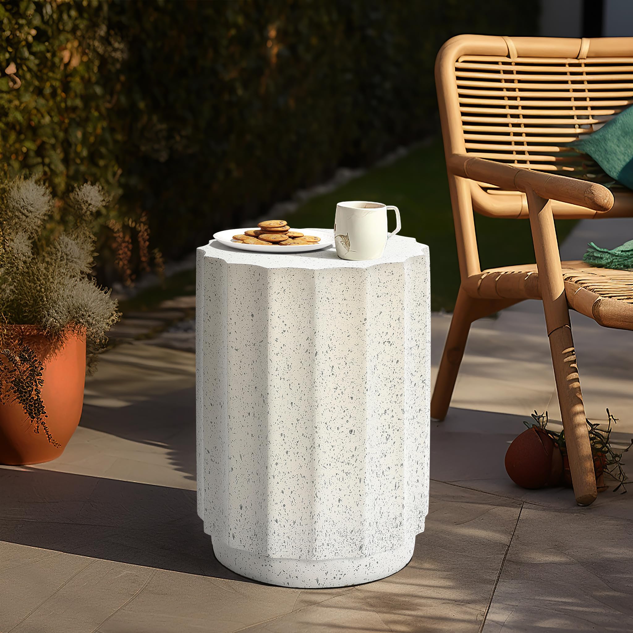 Luxenhome Outdoor Side Table, 18 Inch Cement End Tables For Patio, Garden Small Accent Decorative Stool, Tree Stump Stool Plant Stand Drum Table