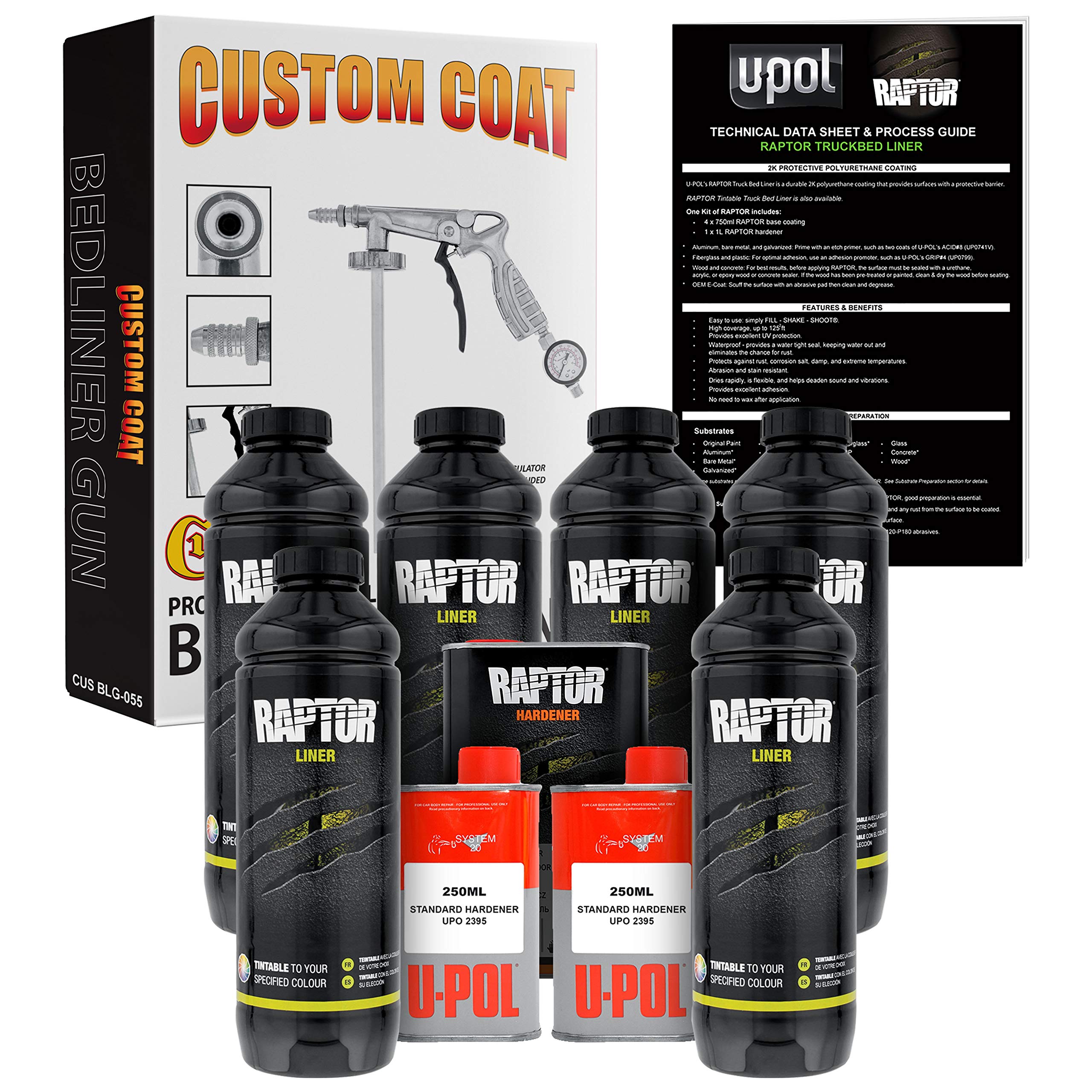 Custom Shop U-Pol Raptor Tintable Urethane Spray-On Truck Bed Liner Kit W/Free Custom Coat Spray Gun With Regulator, 6 Liters