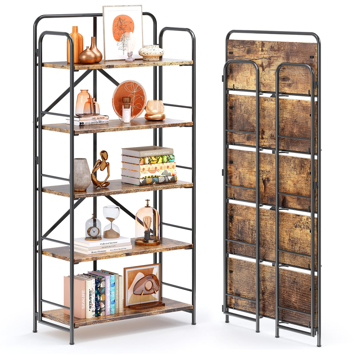 4NM No Assembly Folding Bookshelf, 5 Tier Collapsible Book Shelves Open Industrial Foldable Storage Bookcase Shelf for Bedroom, 