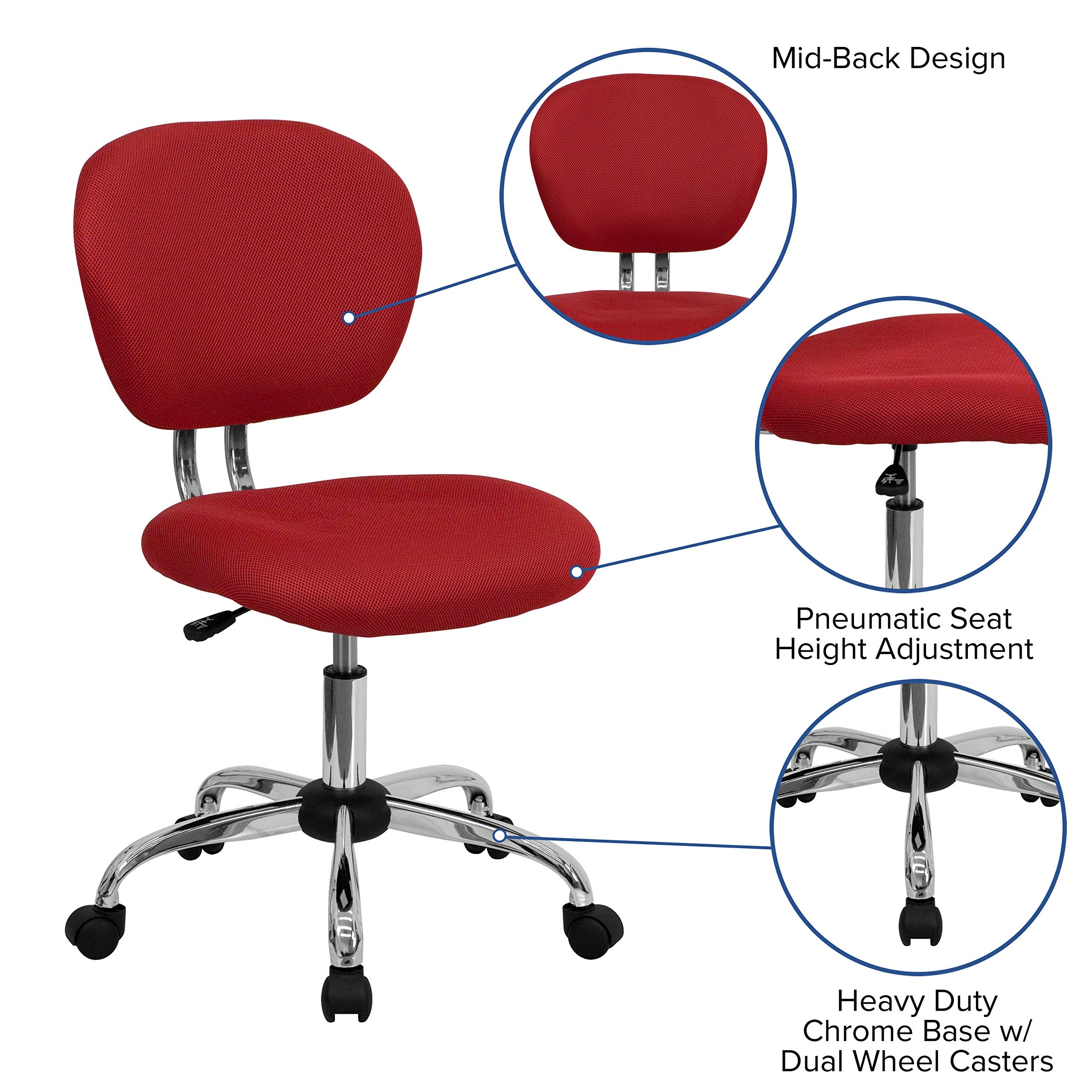 Flash Furniture Beverly Mid-Back Red Mesh Padded Swivel Task Office Chair with Chrome Base