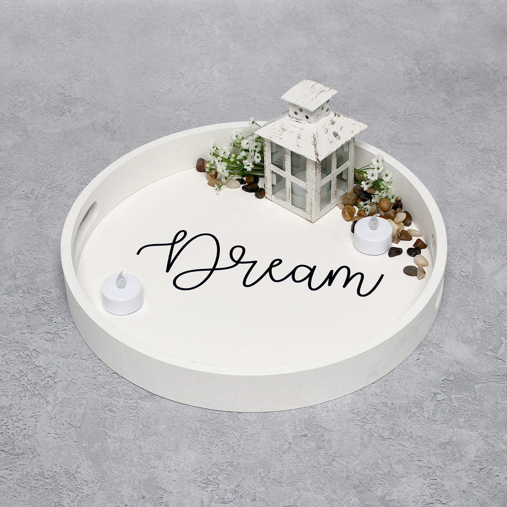 Elegant Designs Decorative 13.75'' Round Wood Serving Tray W/ Handles, ''Dream''