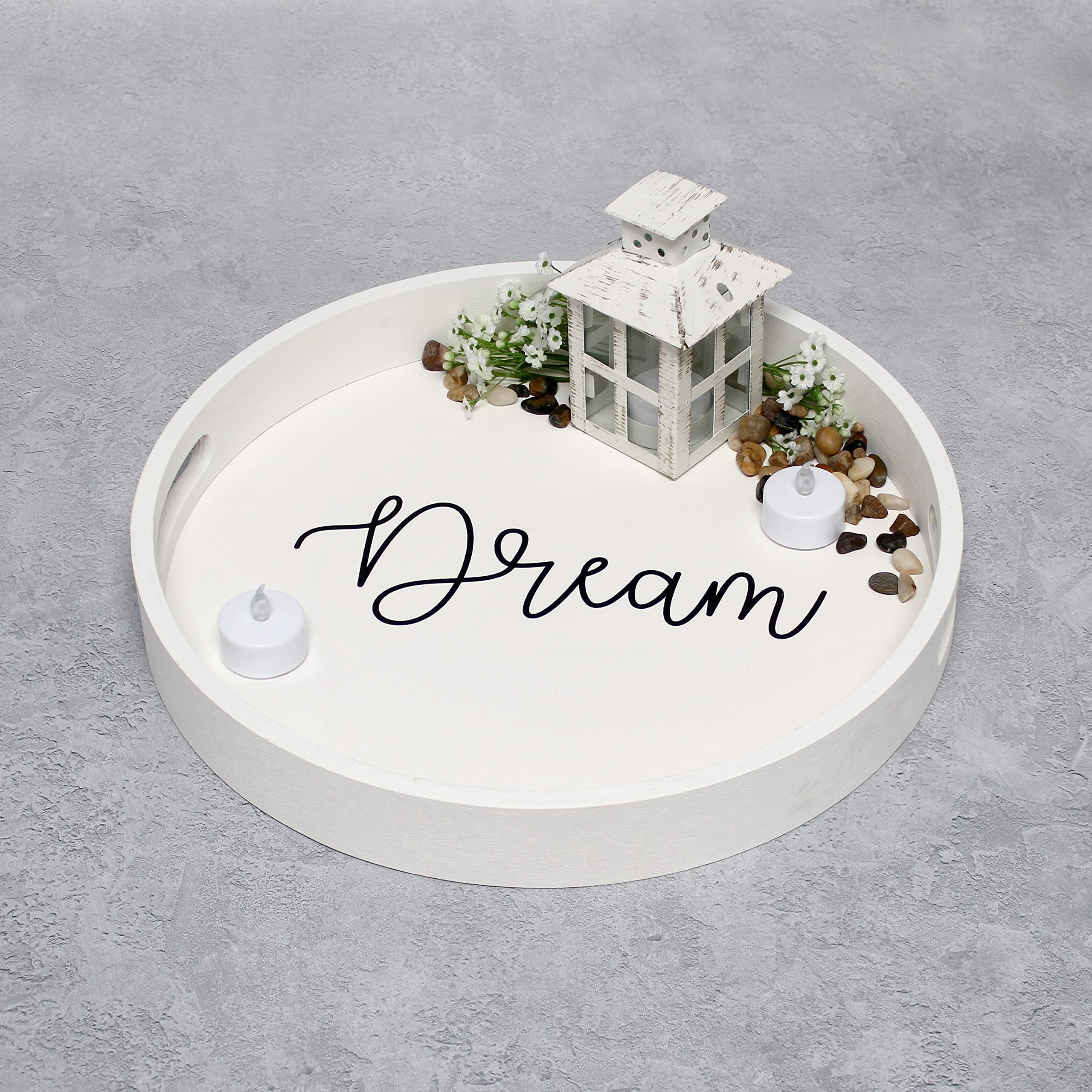 Elegant Designs Decorative 13.75'' Round Wood Serving Tray W/ Handles, ''Dream''