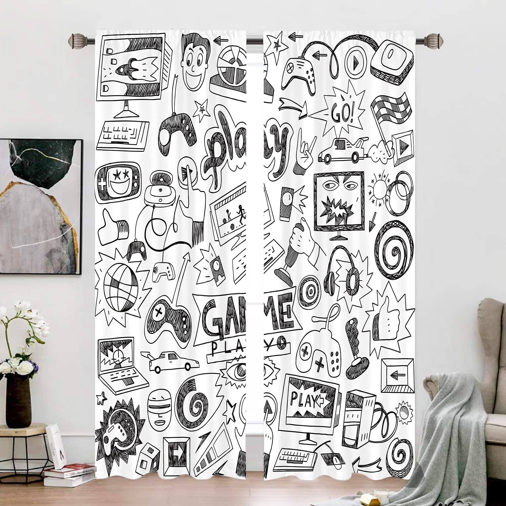 Cinbloo Kids Video Games Curtains 52W X 84L Inch Rod Pocket Black White Gamer For Teen Boys Bedroom Decor Gaming Racing Monitor