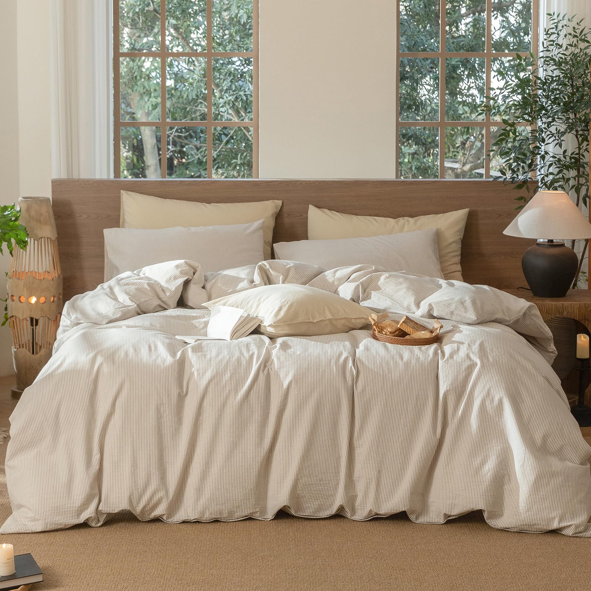 MooMee Striped Duvet Cover Set 100% Washed Cotton Linen Like Textured Breathable Durable Soft Comfy (Tannish Linen Grey White Pi