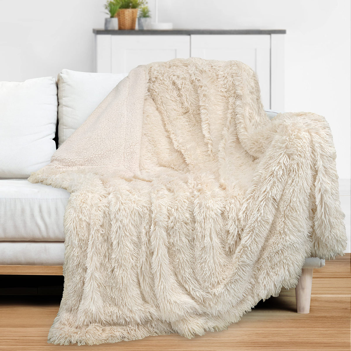 Pavilia Soft Fluffy Faux Fur Throw Blanket, Cream Beige Ivory, Shaggy Furry Warm Sherpa Blanket Fleece Throw For Bed, Sofa, Couc