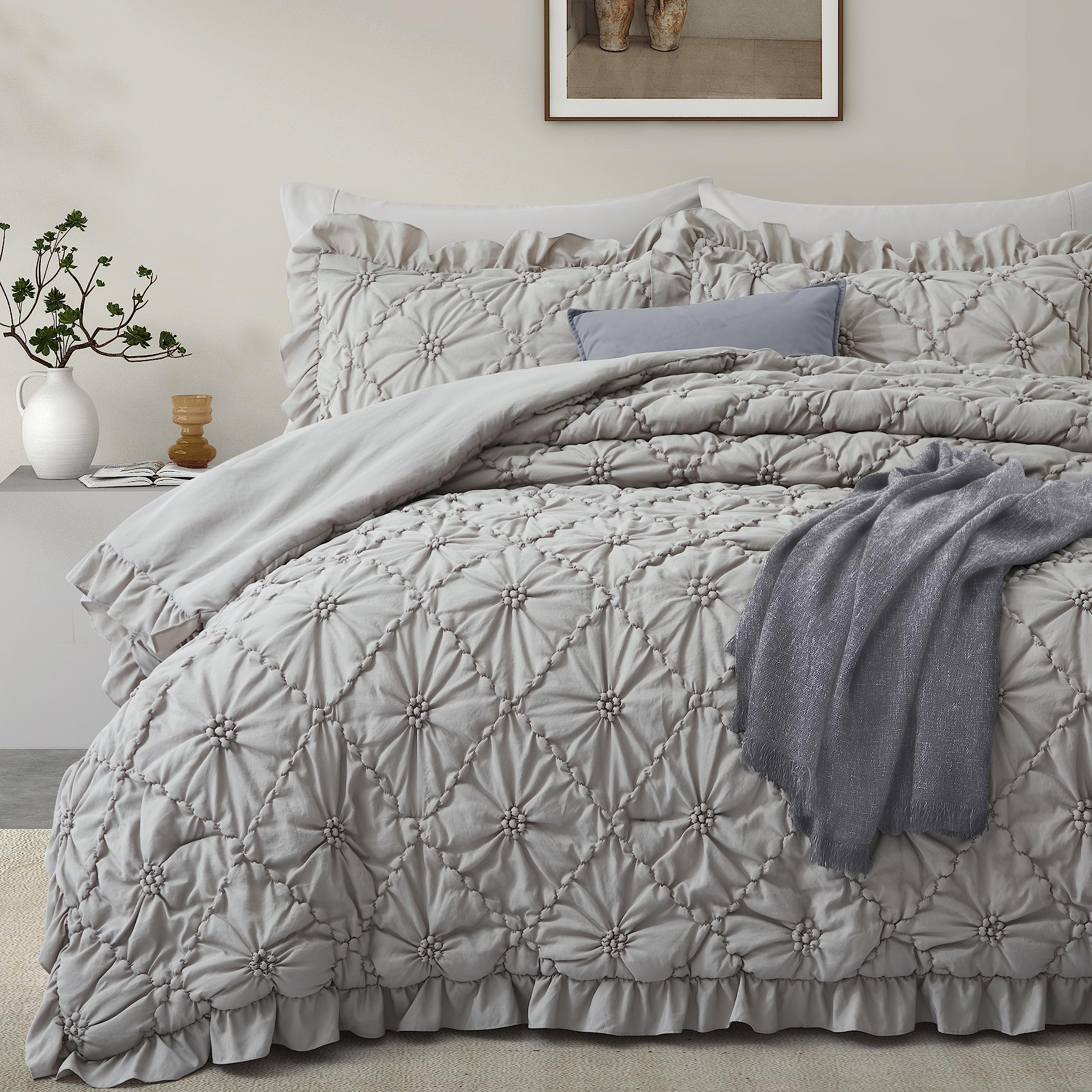Bedazzled King Size Comforter Sets, Grey Bedding Comforter Set, 3 Pieces Pinch Pleat Bedding Sets With Comforter And Pillowcases