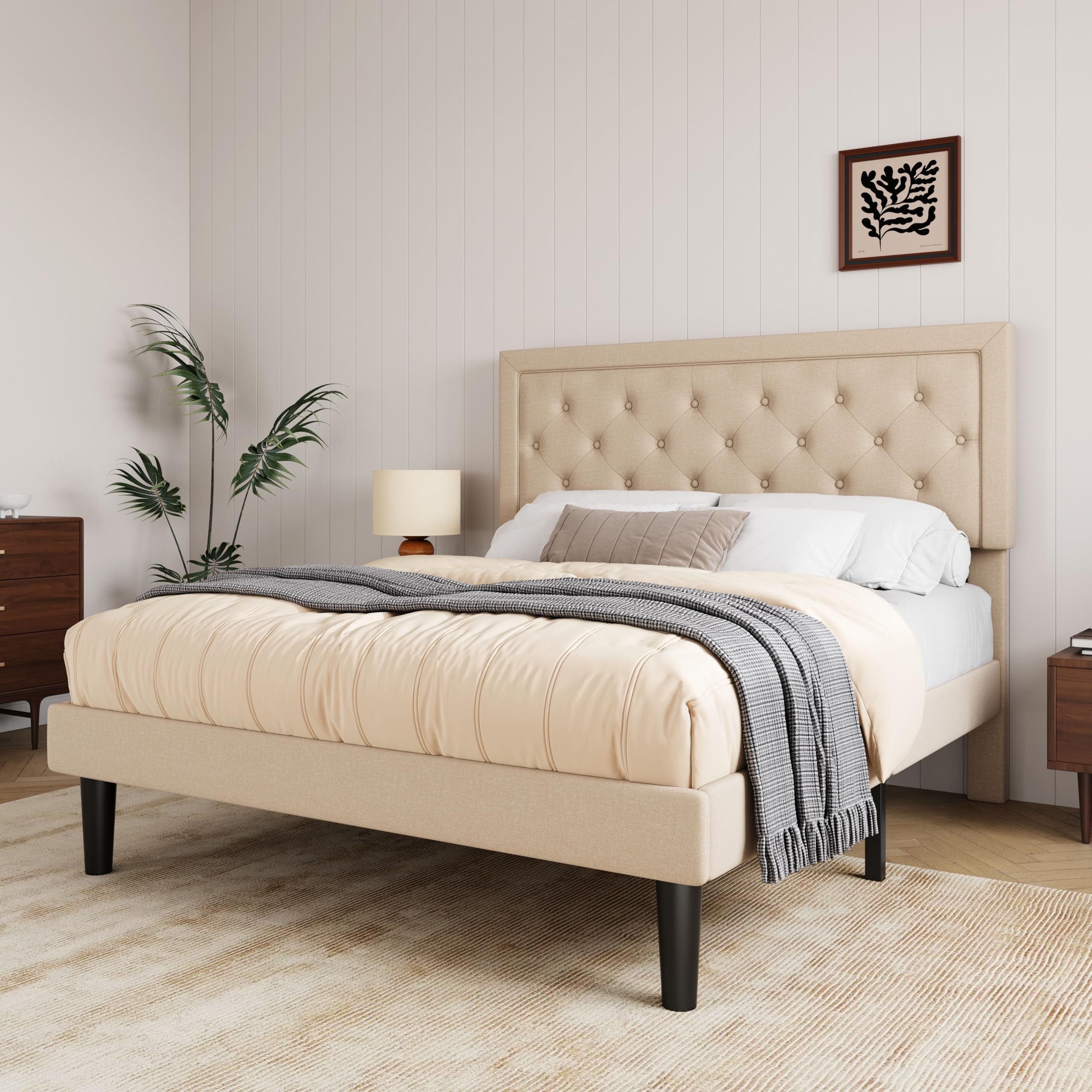 Allewie Queen Size Button Tufted Platform Bed Frame/Fabric Upholstered Bed Frame With Adjustable Headboard/Wood Slat Support/Mattress Foundation/Beige (Queen)