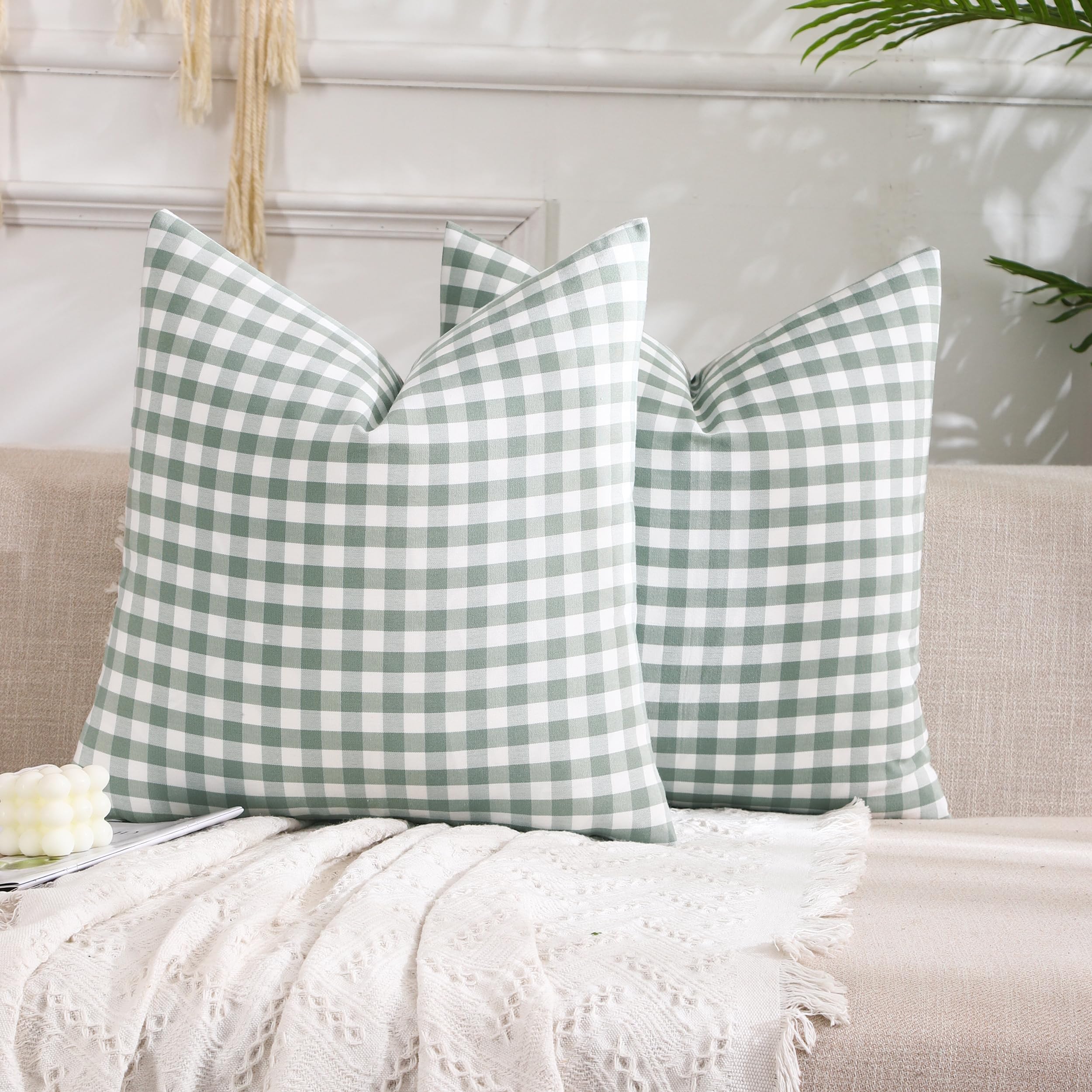 Carrie Home Set Of 2 Farmhouse Sage Green Gingham Throw Pillow Covers 18X18 Checkered Plaid Decorative Pillow Cover Classic Retr