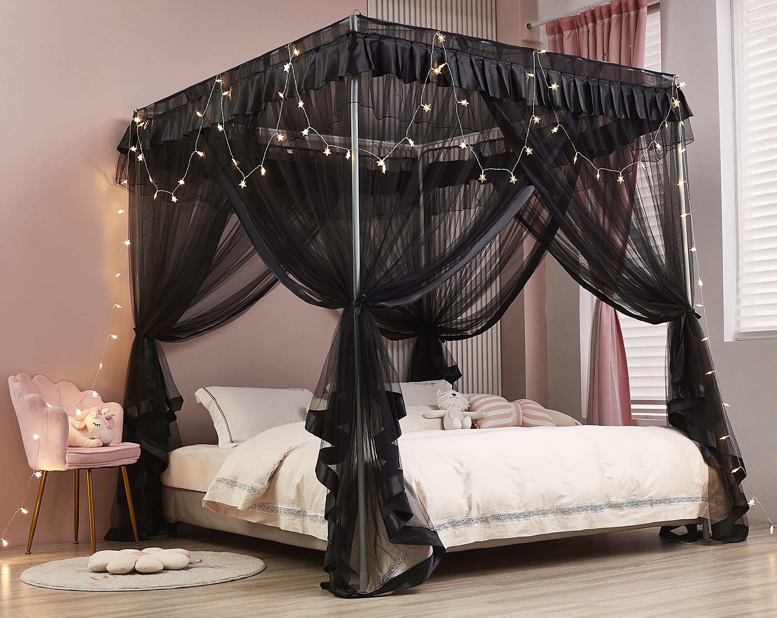 Mengersi 4 Corner Post Bed Canopy Bed Curtains Mosquito Net Bedroom Decoration Accessories (Twin, Black)