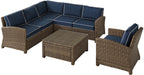 Crosley Furniture Bradenton 5-Piece Outdoor Sectional Sofa Wicker Conversation Patio Furniture Set for Deck, Brown with Navy Cushions