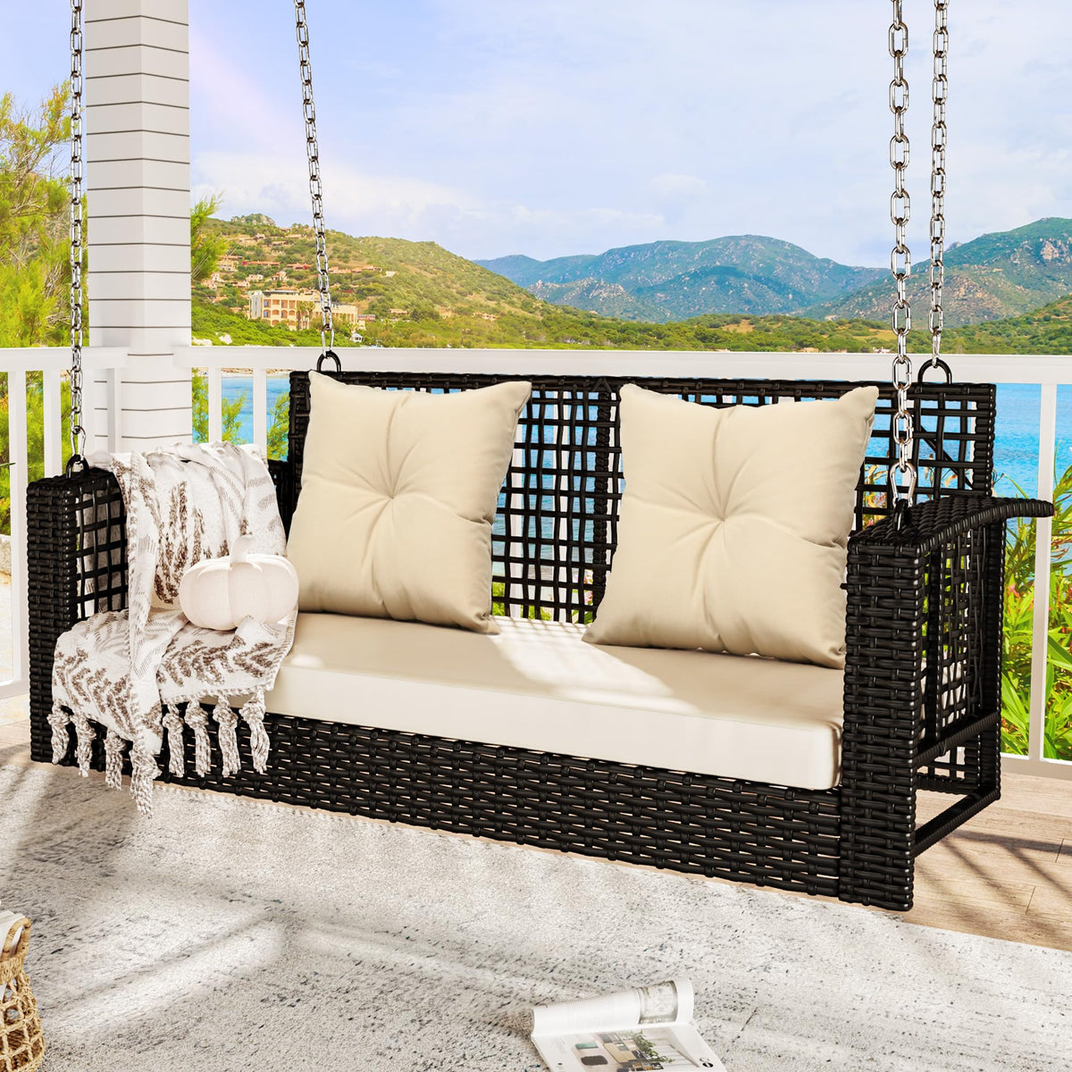 Yitahome 3-Seats Wicker Hanging Porch Swing Chair Outdoor Gray Rattan Patio Swing Lounge 3 Back Cushions Capacity For Garden, Balcony, Deck