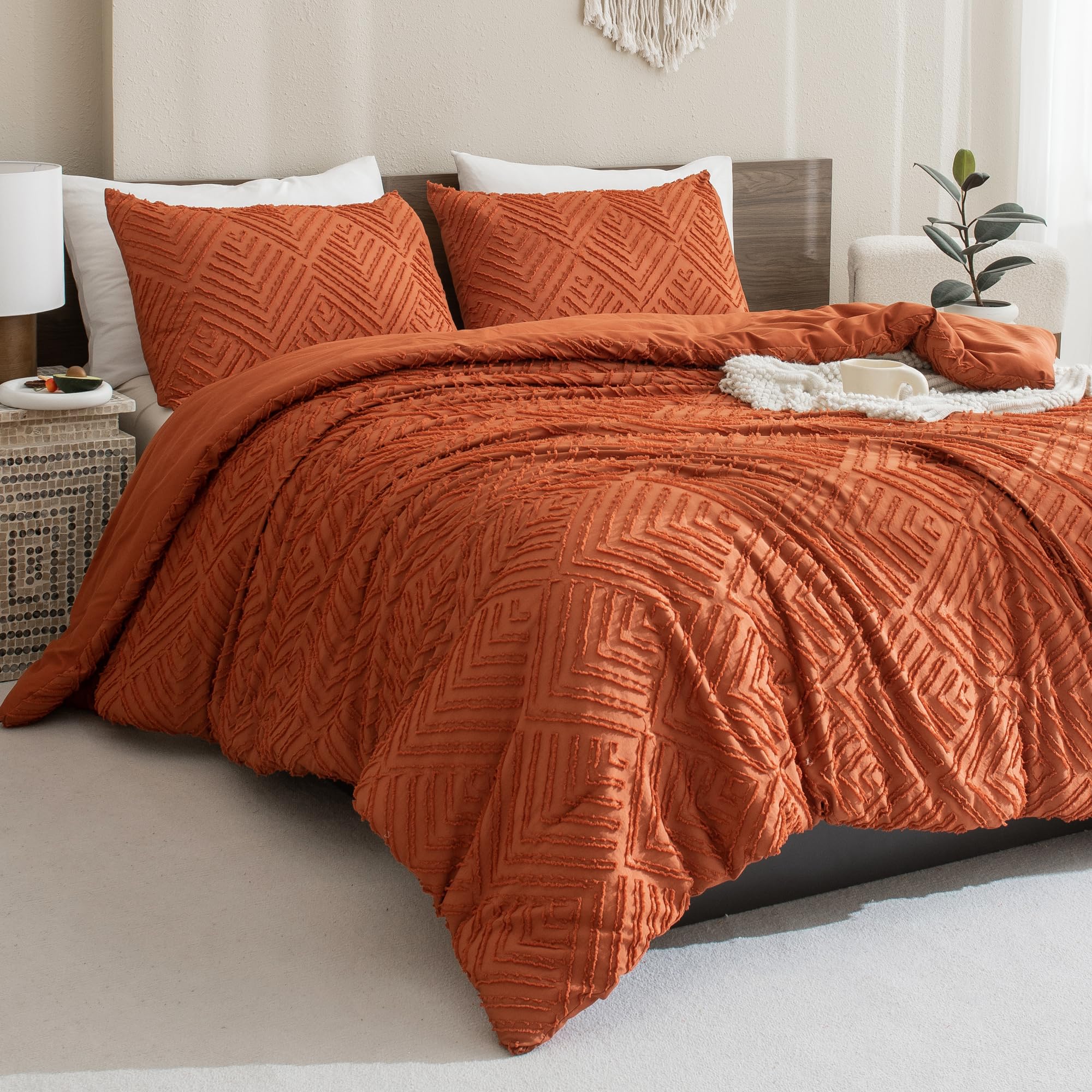 Andency Burnt Orange Queen Size Comforter, Terracotta Boho Fall Lightweight Fluffy Bedding Set & Collections For Queen Bed, 3 Pieces Rust Tufted Design Bed Set (90X90Inches, 2 Pillow Shams)