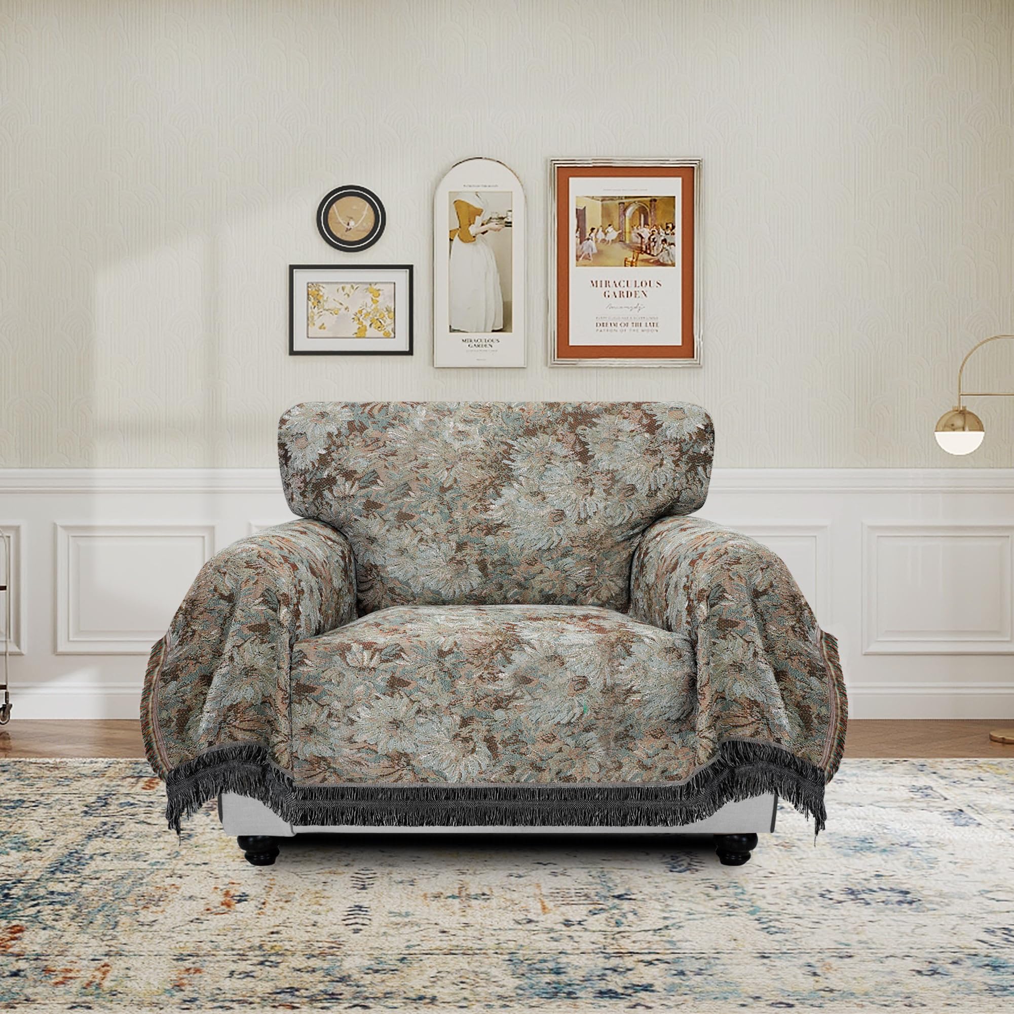 Purefit Geometric Jacquard Throw Sofa Cover - Textured Soft Washable Decorative Couch Covers For 3 Cushion Couch, Throw Cover With Tassels Furniture Protector For Pets, Kids (Small, Flower Sage)