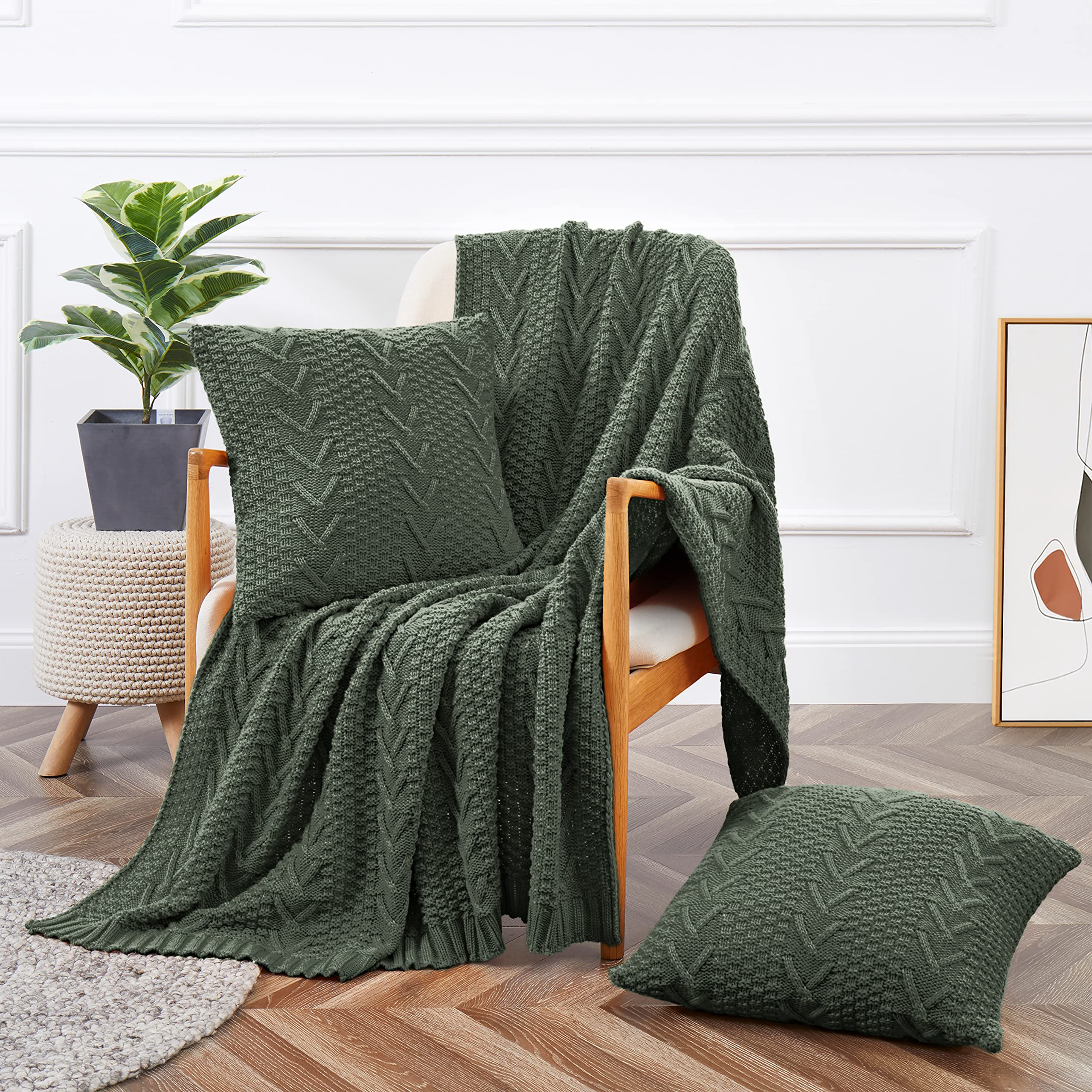 Aormenzy Knitted Throw Blanket (50' X 60') And 2 Pillow Covers (18' X 18'), 3 Piece Grayish Green Throw Blanket Set, Decorat