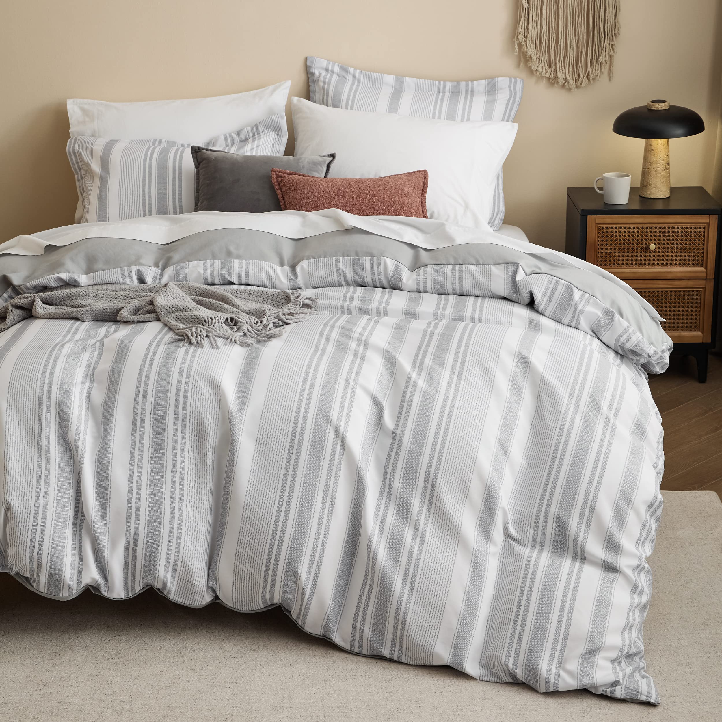 Bedsure Duvet Cover Queen Size - Reversible Striped Floral Duvet Cover Set With Zipper Closure, 3 Pieces Grey Bedding Set With 8