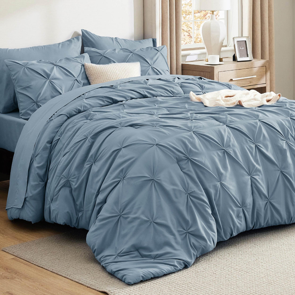 Bedsure Twin Comforter Sets - 5 Pieces Pintuck Bedding Sets Twin Size, Pinch Pleat Mineral Blue Bed In A Bag Twin With Comforter