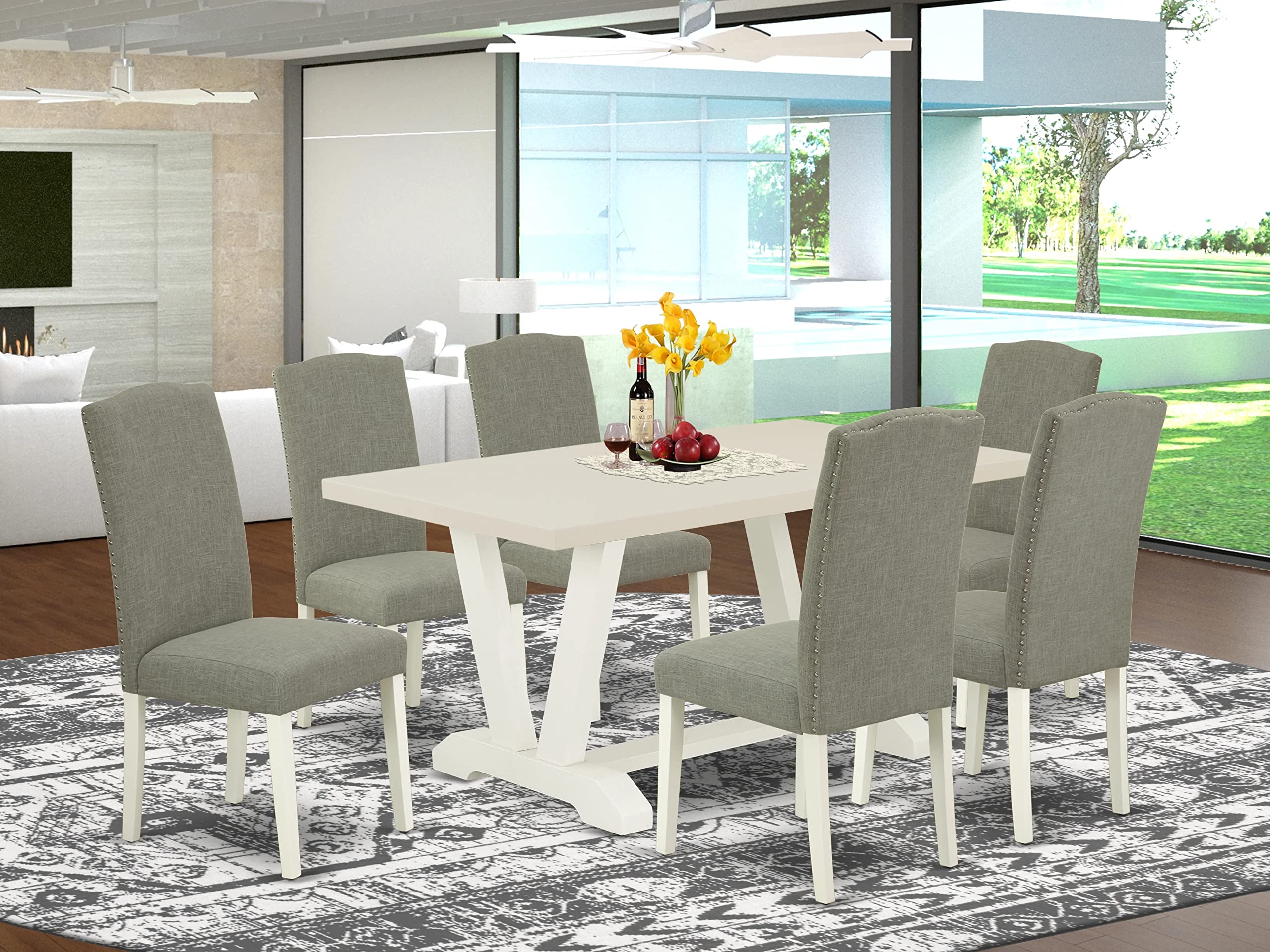 East West Furniture V-Style 7 Piece Room Furniture Set Consist Of A Rectangle Dining Table With V-Legs And 6 Dark Shitake Linen Fabric Parsons Chairs, 36X60 Inch, Multi-Color