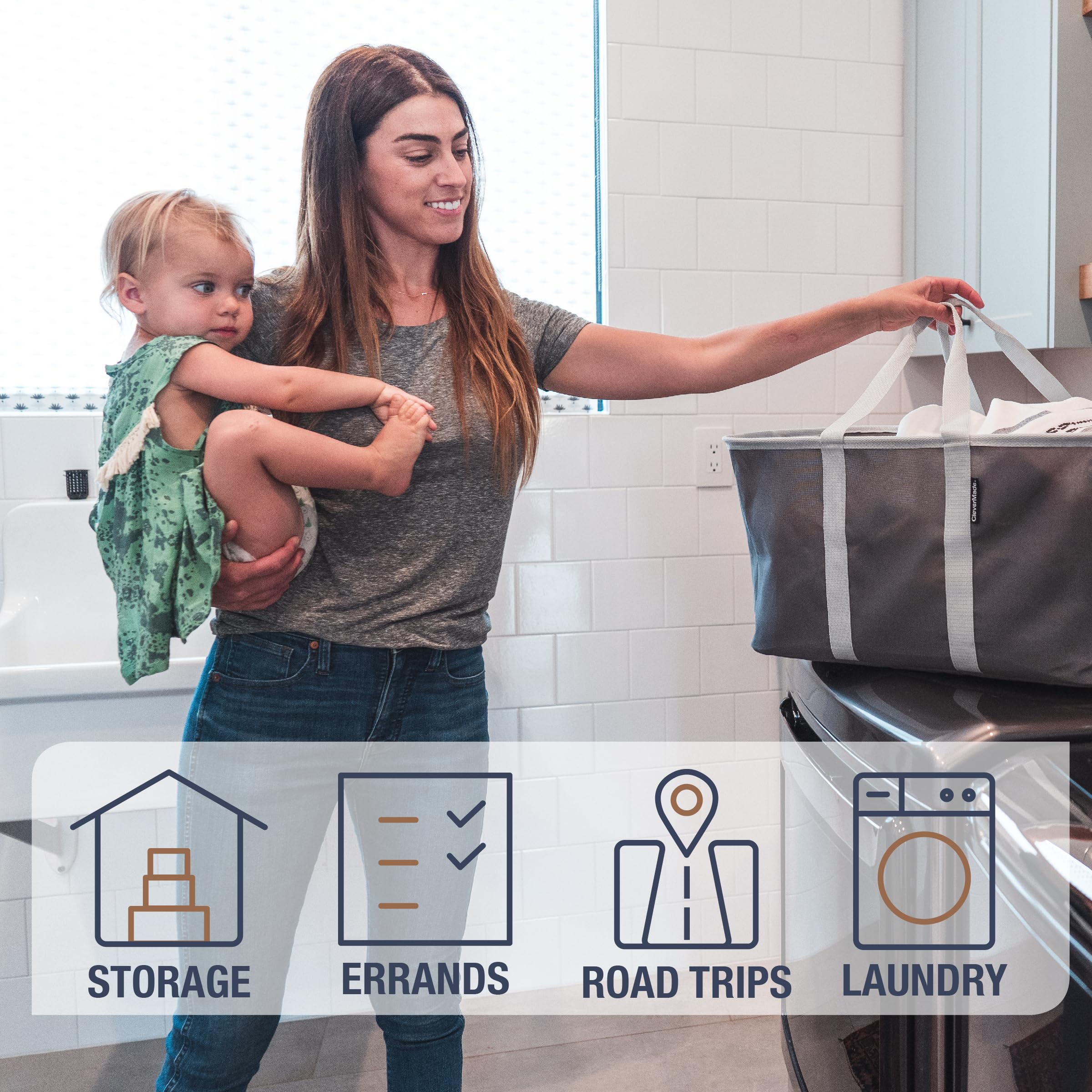 Clevermade Collapsible Laundry Tote, Denim/Charcoal 2Pk - 50L (13 Gal) Collapsible Laundry Baskets With Sturdy Pop-Up Wire Frame