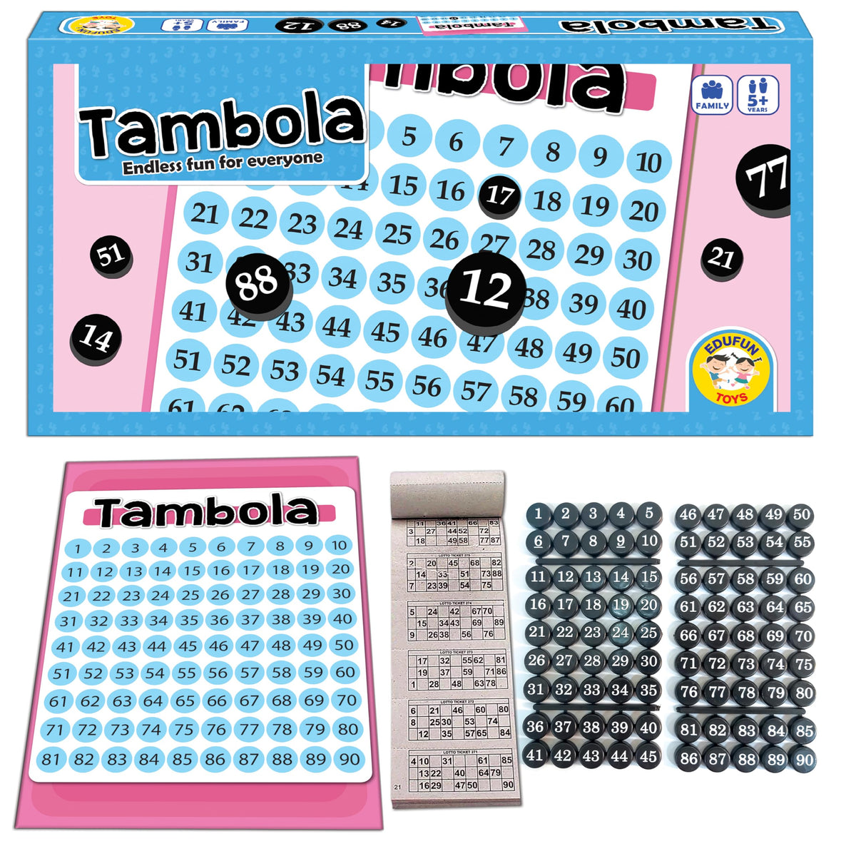Edufun Toys Tambola Game | Classic Housie Party Game for Kids & Adults | Includes 600 Tickets & 90 Number Tokens | Indoor Family