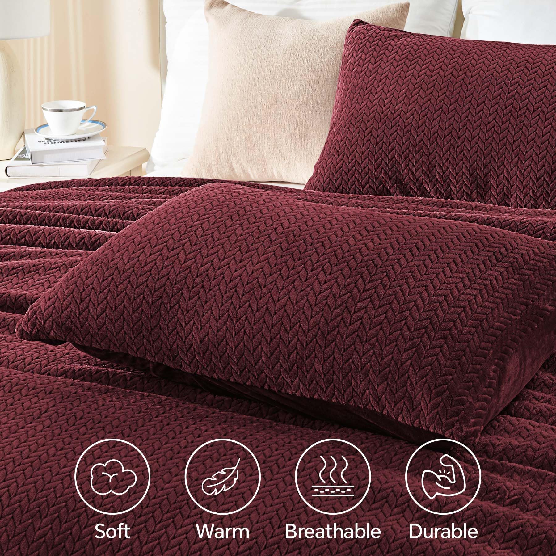 Chixpace Fluffy King Comforter Set - Furry Burgundy Leaves Pattern Faux Fur Bed Set, Winter Ultra Soft Fuzzy Comfort Set, Velvet