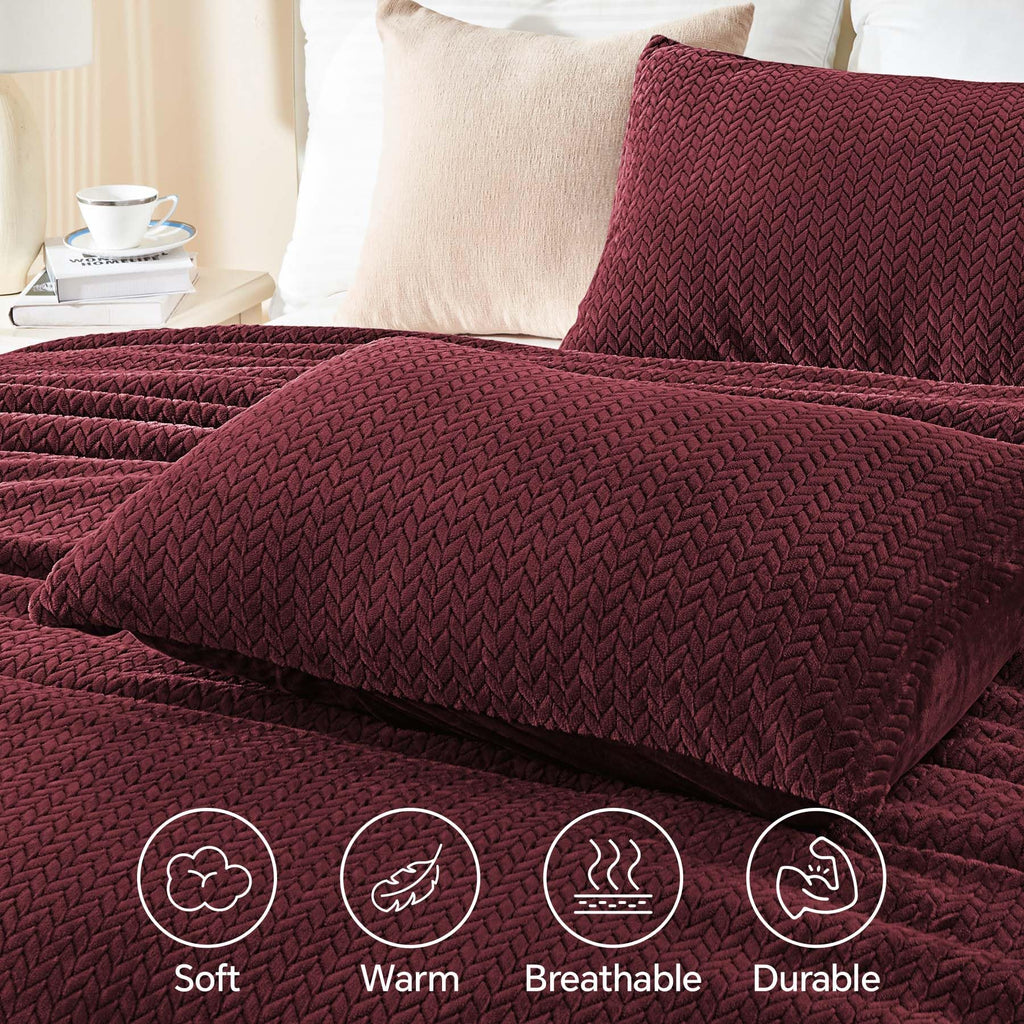 Chixpace Fluffy Queen Comforter Set - Furry Burgundy Leaves Pattern Faux Fur Bed Set, Winter Ultra Soft Fuzzy Comfort Set, Velve