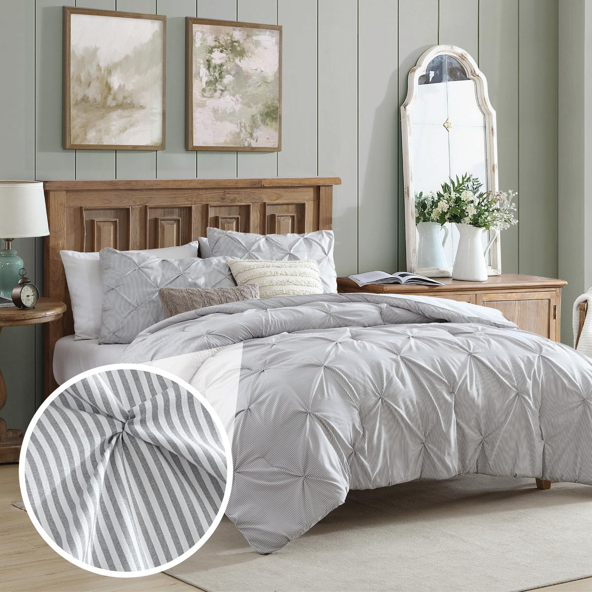 Swift Home King Pinstripe Charcoal Grey Comforter Set - Classic Pintuck Bedding Set - 3 Pieces Bed Linen, 1 Comforter And 2 Pill