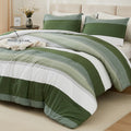 Litanika Olive Green Comforter Set Full - 3 Pieces Lightweight Olive Green White Colorblock Stripe Fluffy Bedding Comforter Sets