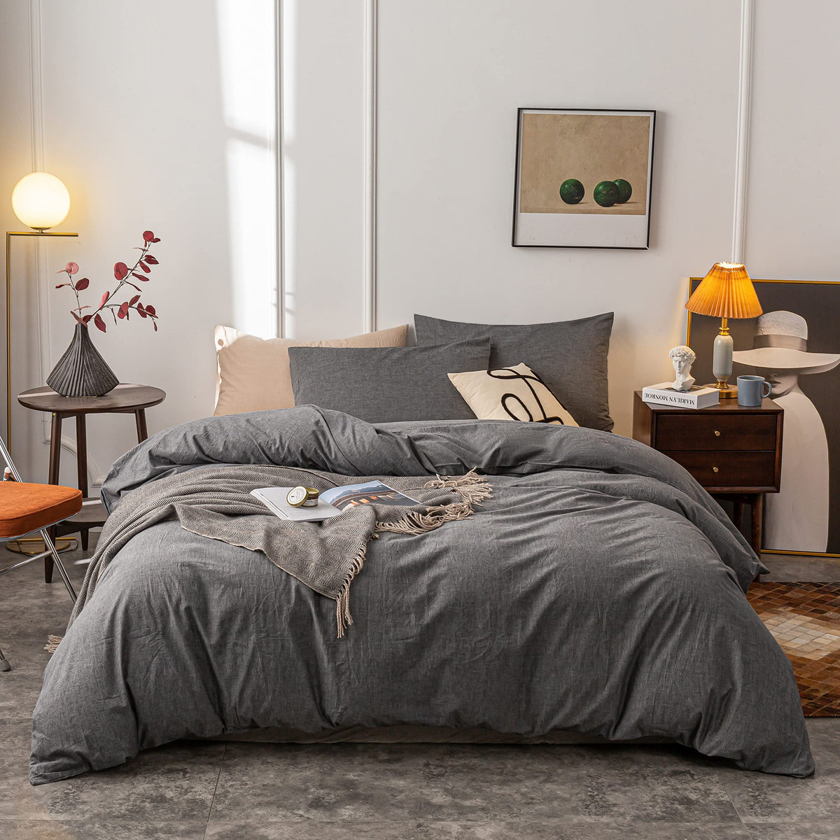 Janlive Washed Cotton Duvet Cover Twin Ultra Soft 100% Cotton Solid Color Gray Duvet Cover Set With Zipper Closure - 2 Pieces Gr