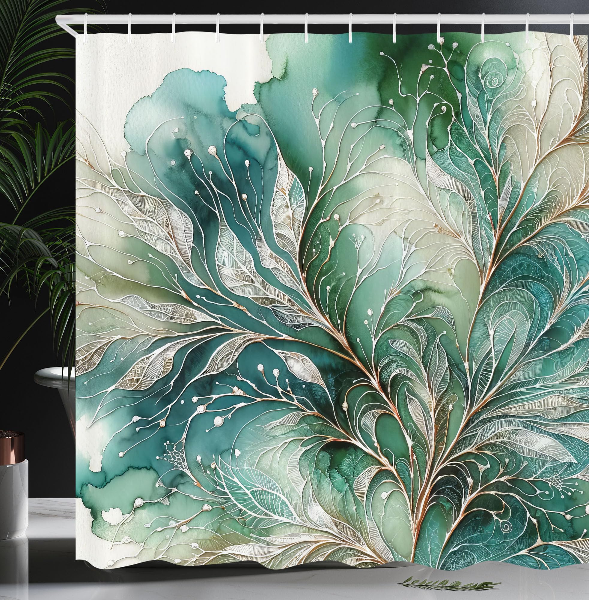 Ambesonne Teal Shower Curtain, Abstract Marble Print Design of Greenery Clouds and Dreamy Leafy Peduncles, Cloth Fabric Bathroom